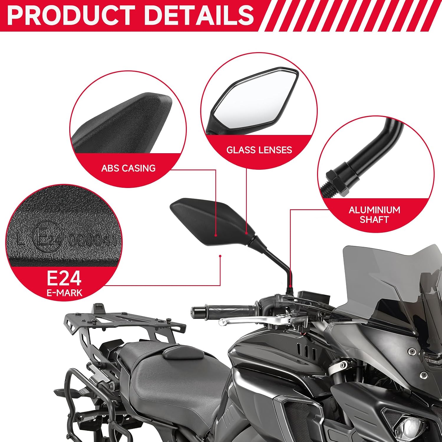 DREAMIZER Motorcycle Rear View Mirror - with M8 M10 Threaded Bolts, 7/8" Handlebar Mirror Mount Compatible with Honda Yamaha Suzuki Kawasaki