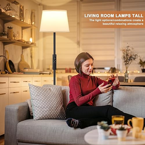 Miniatura 5 de Lámpara de pie moderna con brillo ajustable, control remoto, negro, bombillas LED, pantalla blanca, interruptor de pie, fácil montaje