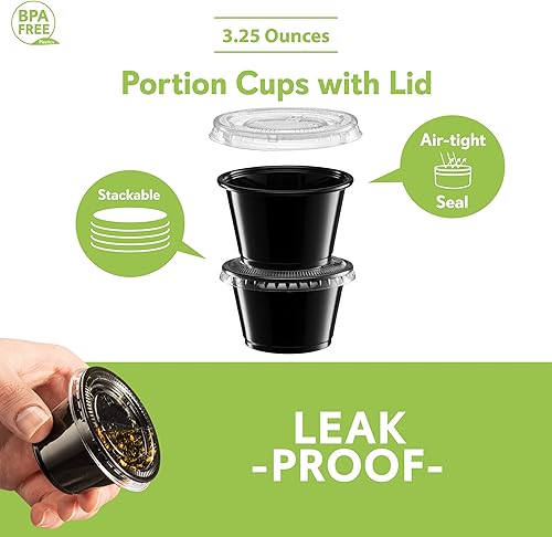 Miniatura 5 de 3.25 oz  100 juegos Vasos de plástico sumergibles negros con tapas, pequeños recipientes para control de porciones, chupitos de gelatina,