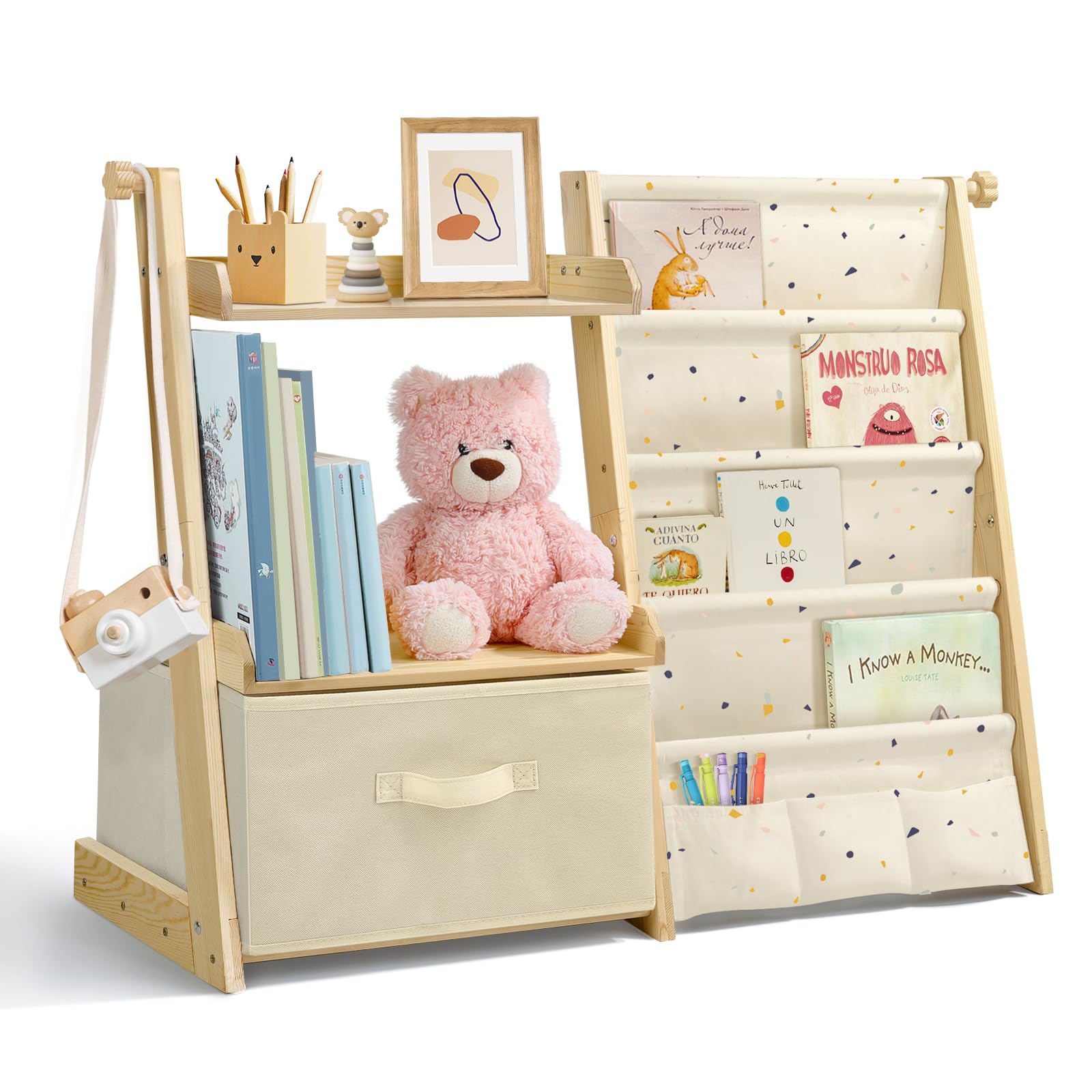 wooshwa Kids Bookshelf and Toy Storage, Montessori Wooden Children Bookcase and Toy Organizer, 4-tier Toddler Sling Book Shelf with a Large Storage Box for Nursery, Bedroom, Playroom (Terrazzo)