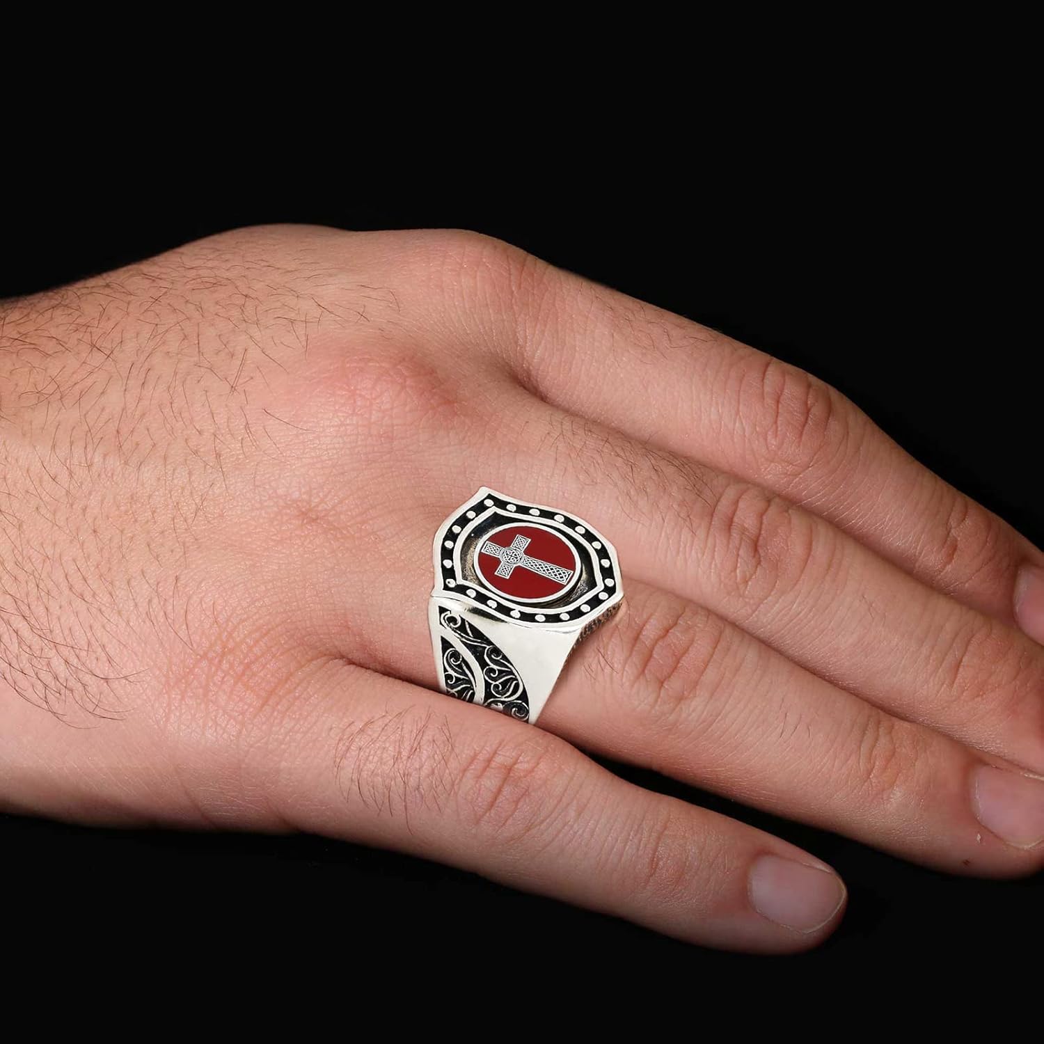 Crusader Signet Ring, Handmade Christian Cross Statement Ring, Red Cross Christian Ring, Gold Coated Knights Templar Ring, Shield of Faith