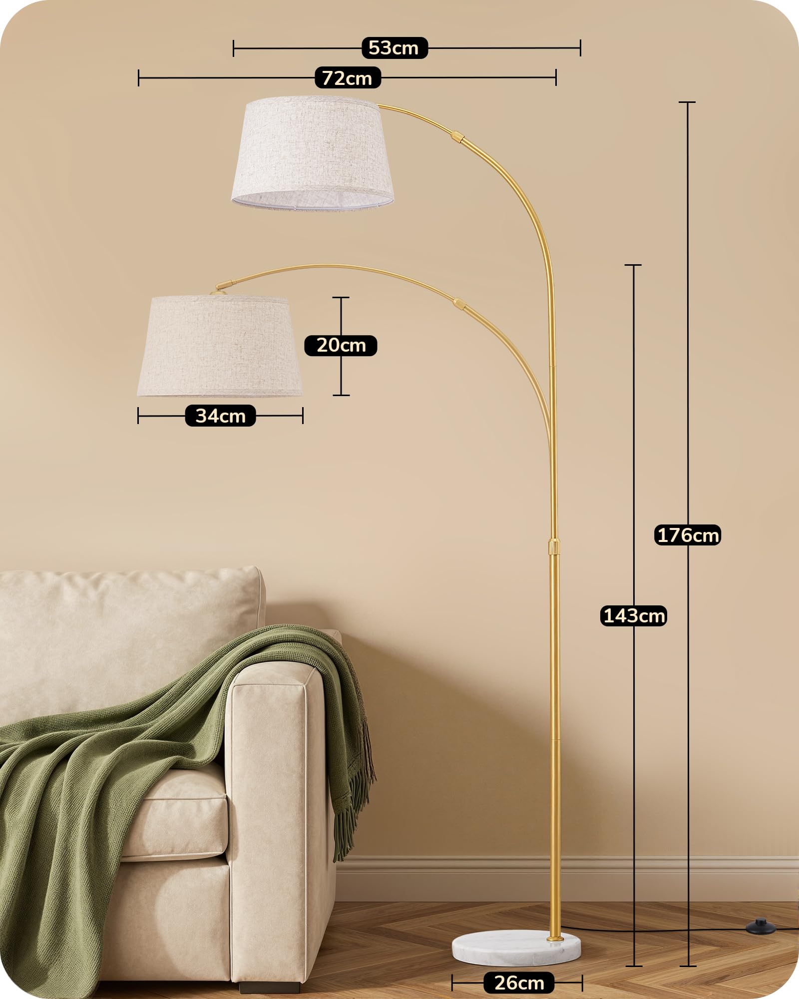 EDISHINE Lampada da Terra per Soggiorno, Altezza Regolabile 143-176 cm, Lampada ad Arco con Testa Rotante, Struttura in Metallo, Telecomando Magnetico, Dimmerabile, Attacco E27 con LED 9W Inclusa