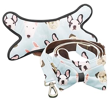 Mellifluous Soft Comfortable Velvet Dog Accessories Combo - Adjustable Collar, Leash, Bow, Bone Cushion Set (XS, Aqua Print)
