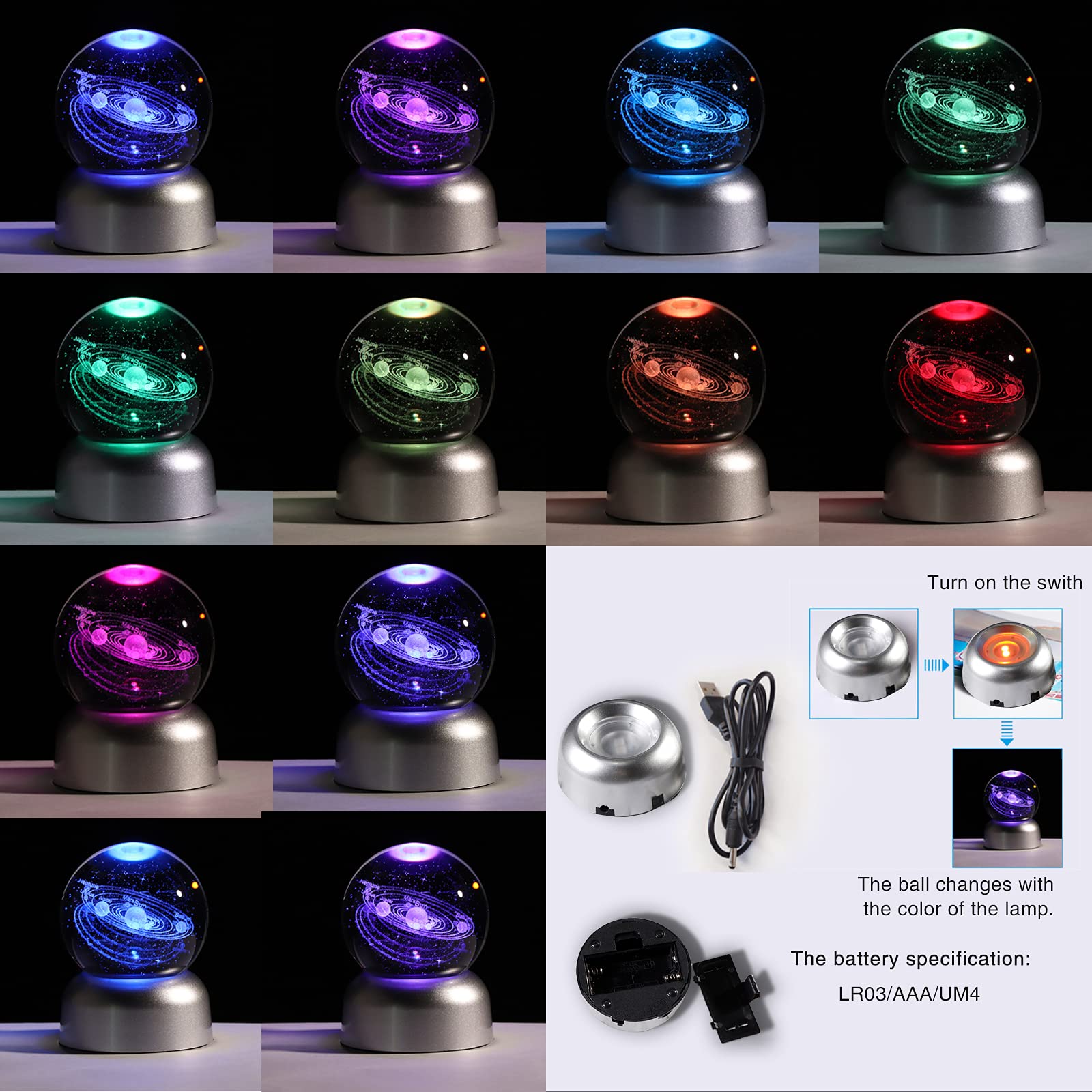 Ornalrist 2.36" K9 Crystal 3D Solar System Ball with LED Lamp Base, Engraving Shooting Star Planet Model, Gifts for Astronomy Lovers - Image 2