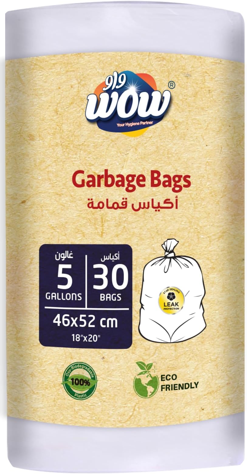 WOW Oxo-Biodegradable 100% Plastic 30's Garbage Bag 5 Gallons Eco Friendly Leak Protection 46x52cm