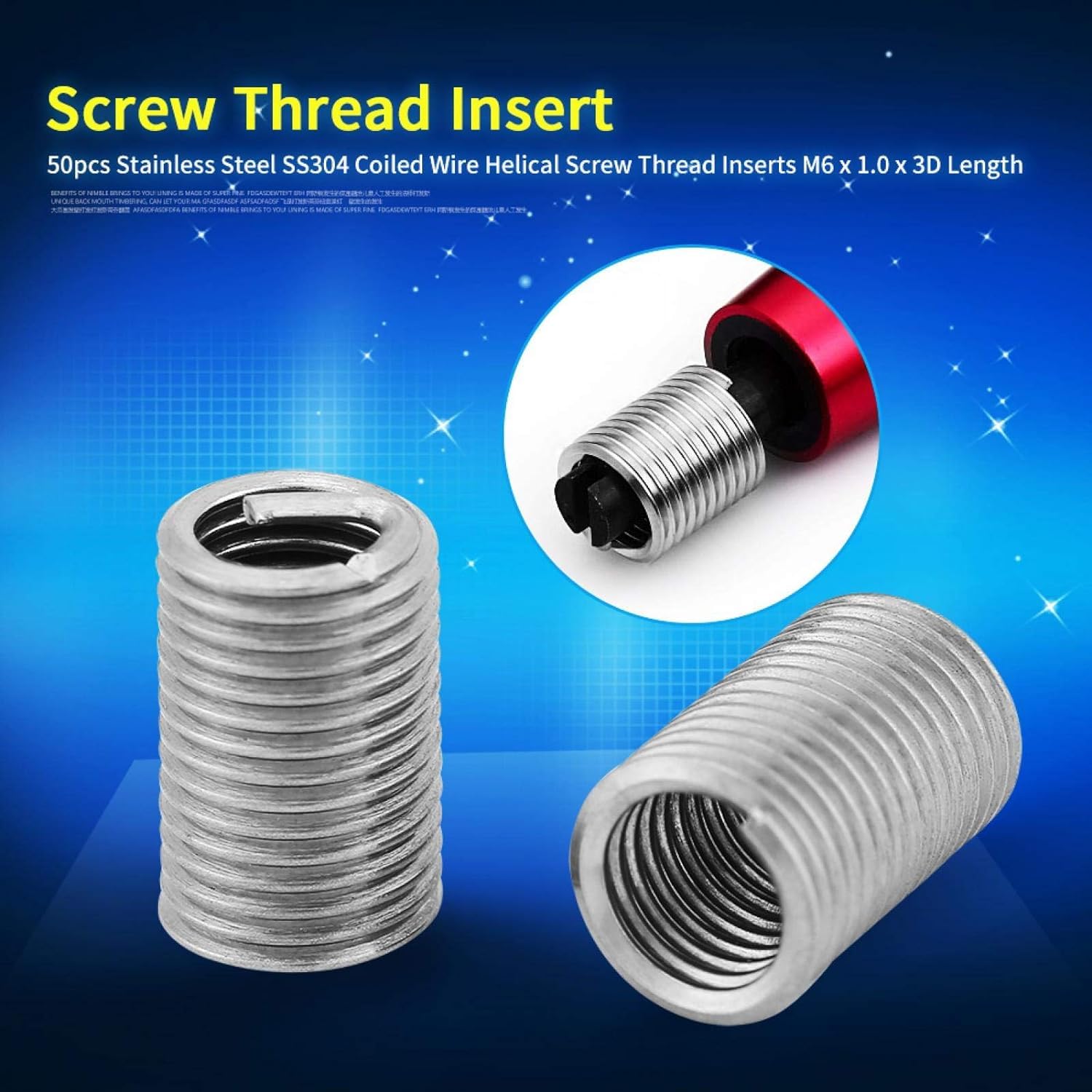 Tyenaza 50 Pezzi Inserto Filettato a Vite, M6 x 1.0 x 3D Inserto Helicoil, Kit di Inserti di Riparazione Metrico Filettato Tipo Elicoil in Acciaio Inox SS304, per Automotive, Turbine a Vapore