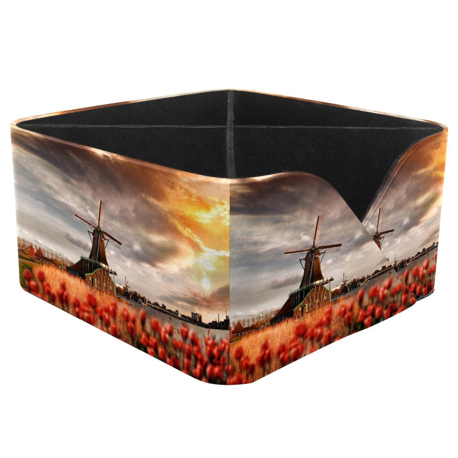 KengjuTesu Beautiful Sunset Dutch Windmill Desktop Organizer Pen Holder, Rectangular Pencil Cup for Office, Study and Makeup Stations