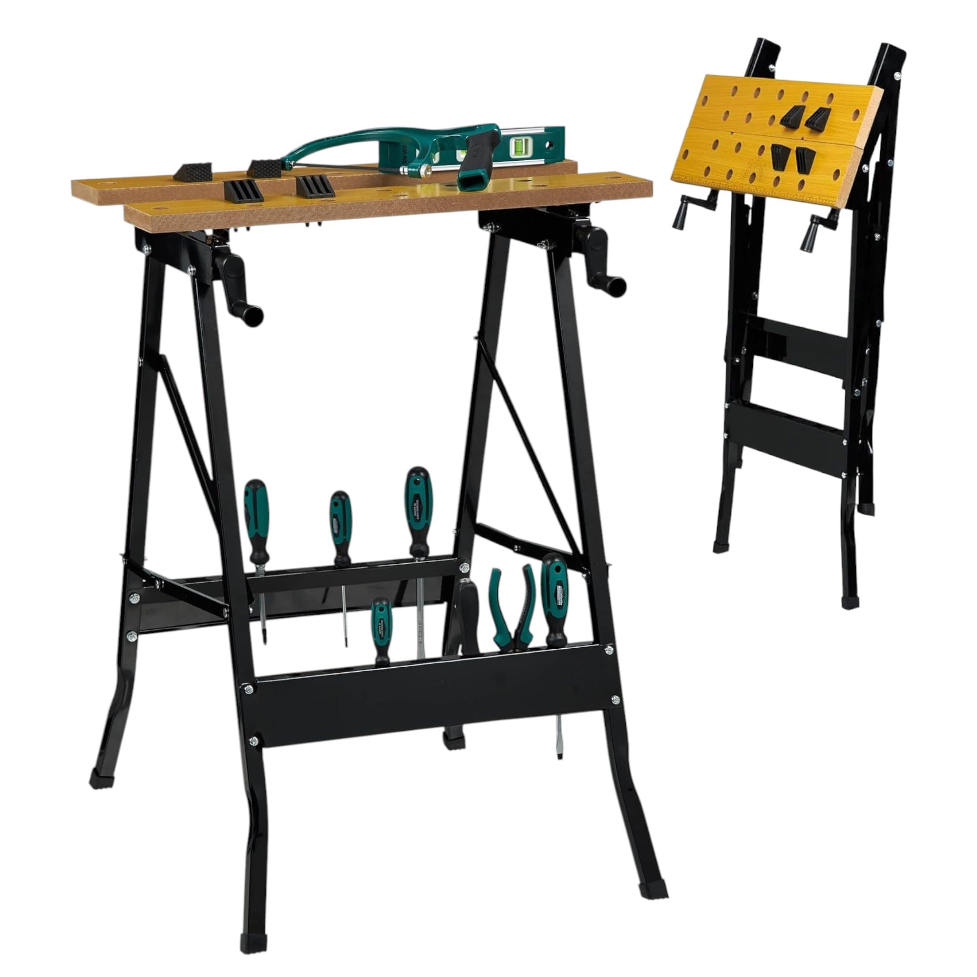 Banco da Lavoro Richiudibile Pieghevole Acciaio e Legno 4 Ganasce 620x560x765mm Portata Max 100KG ideale per lavori domestici, officine e cantieri