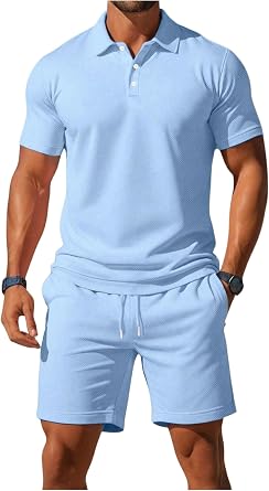WDIRARA Mens 2 Piece Outfit Short Sleeve Collar Golf Shirt Drawstring Shorts Set Workout Athletic Tracksuit
