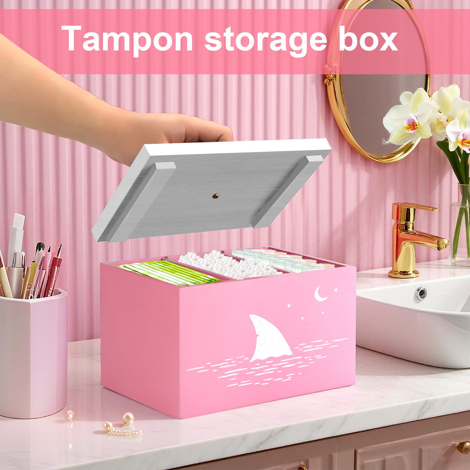 Tampon Holder for Bathroom,Pink Feminine Product Organizer,Girl Stuff Box for Bathroom,Pad and Tampon Organizer for Bathroom,Pad Holder for Bathroom,Shark Week Bathroom Organizer,Bathroom Accessories