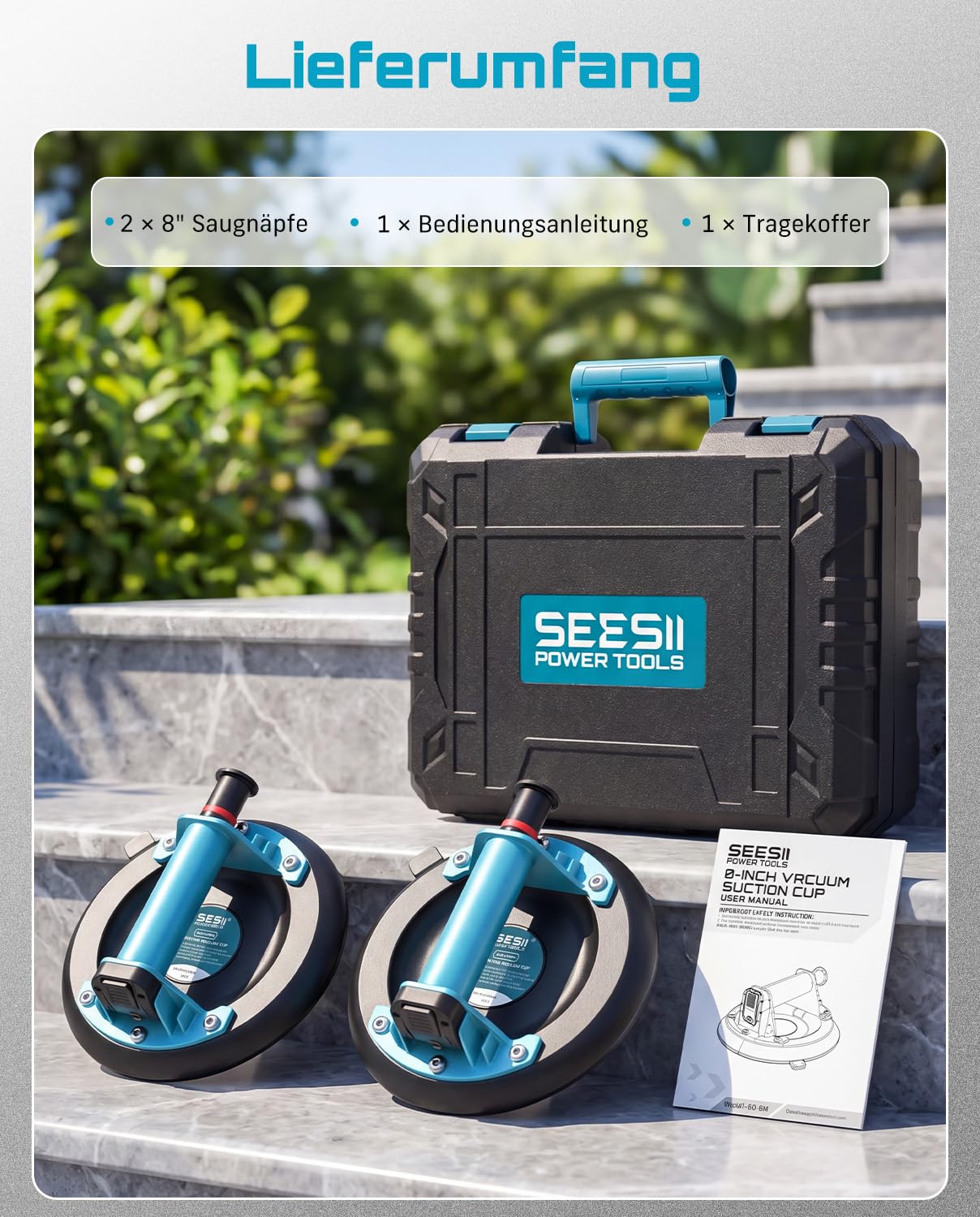 SEESII Vakuum Saugheber Fliesen, 2er-Set 8" Glassauger Tragkraft Max.200KG, Fliesenheber für Glas, Marmor, Laminat & Terrassenplatten, Vakuumheber Glasheber mit Tragbarer Werkzeugkasten