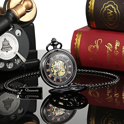 Miniatura 5 de TREEWETO Reloj de bolsillo mecánico de esqueleto para hombre caja negra con cadena  caja de regalo para hombre y niño Negro Mecánico