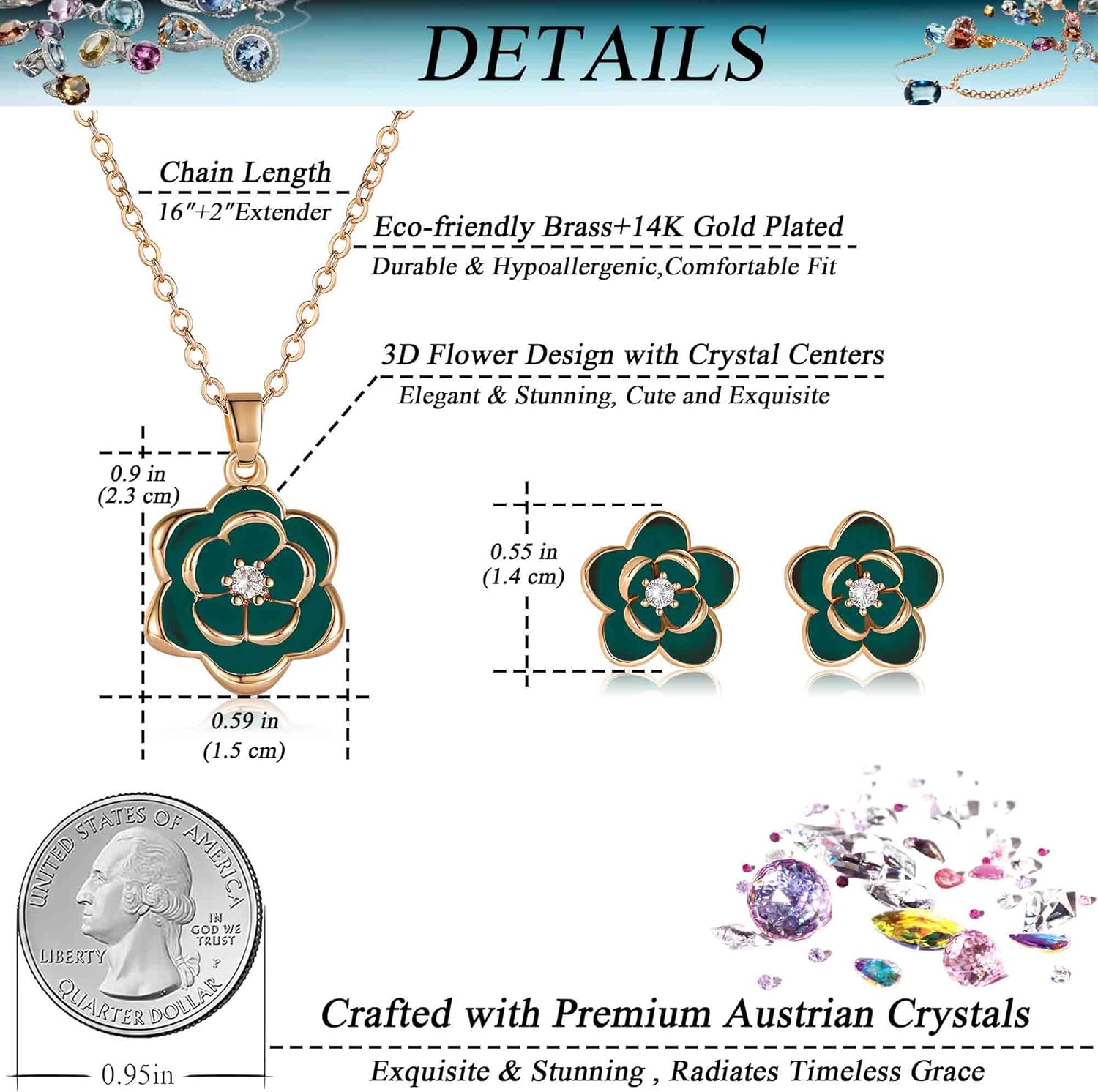 EVEVIC Dainty Flower Pendant Necklace Earrings for Women 14K Gold Plated Hypoallergenic Jewelry Sets - Image 4