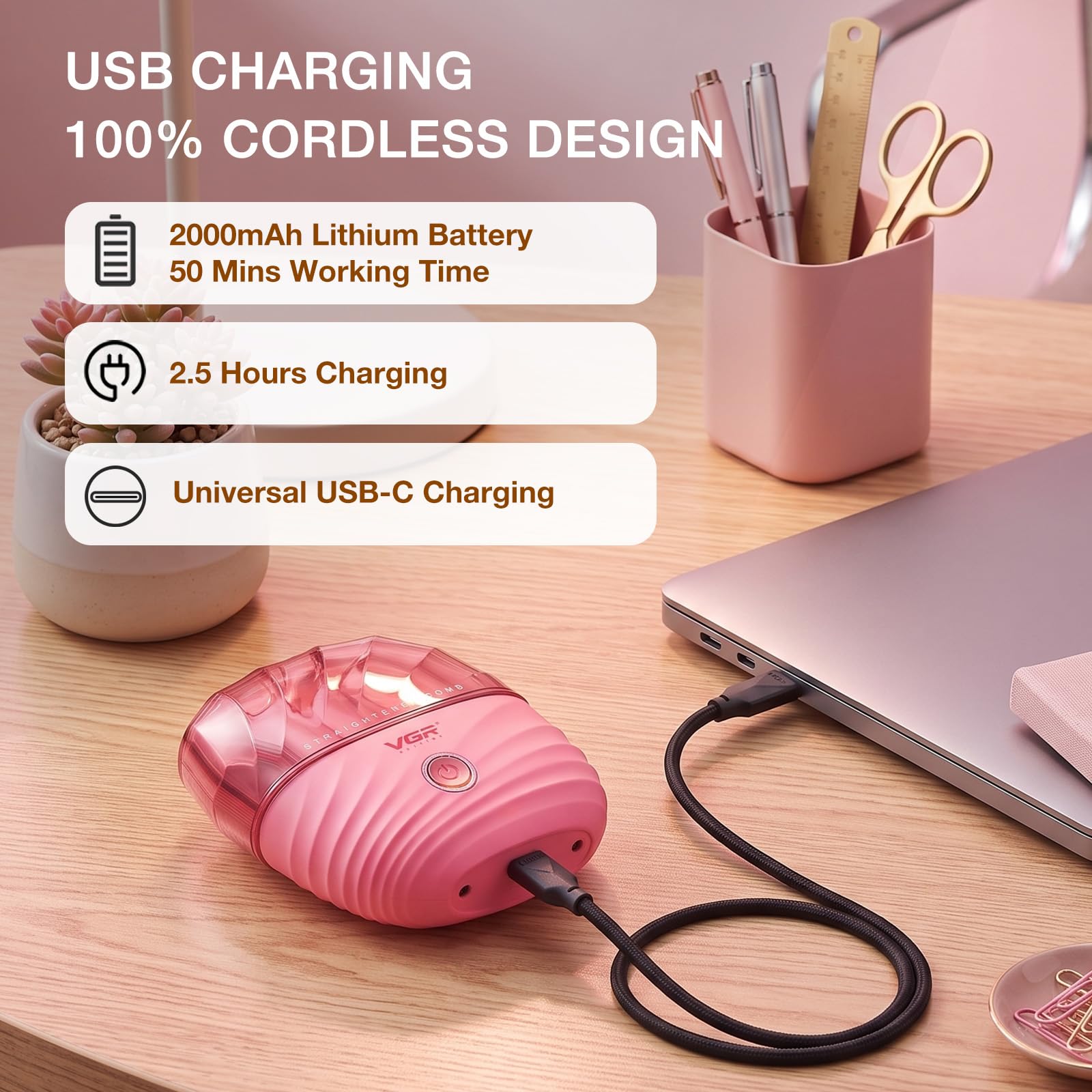 VGR 587 Spazzola Lisciante Senza Fili, Mini Spazzola Per Stiratura Capelli Con 2 Temperature Fino A 180°C, Ricarica USB, Denti Anti Scottatura, Con Borsa Per Il Trasporto Per Viaggi E Casa, Rosa
