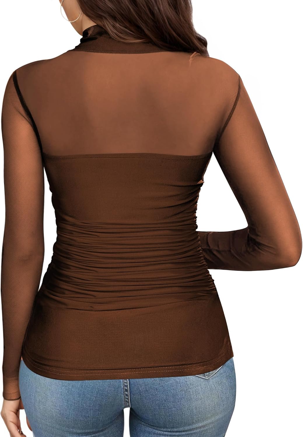 Buauty Women Long Sleeve Sheer Mesh Top Sexy Mock Turtle Neck Shirts Trendy Ruched Going Out Blouse Date Night Outfits - Image 4