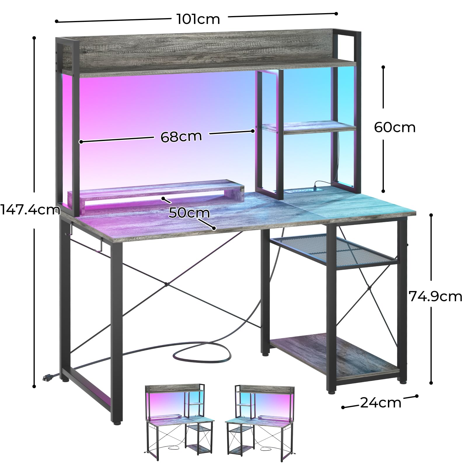iSunirm Scrivania Gaming con Supporto per Monitor e Ripiano di Stoccaggio,Scrivania Computer con 2 Prese e 2 Porte USB,Scrivanie Moderne per Ufficio e Studio,100x50x75cm,Grigio