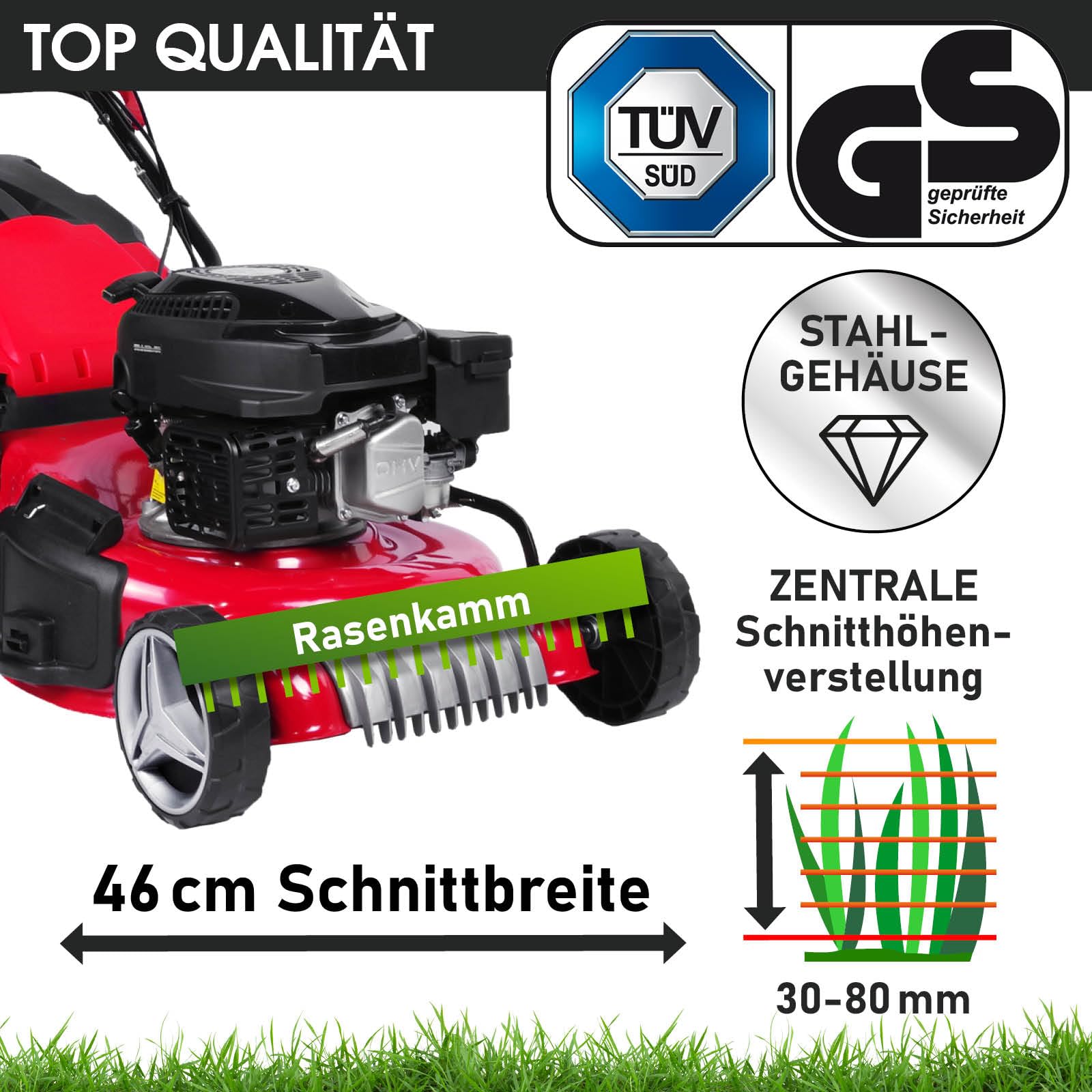 BRAST Benzin Rasenmäher mit Antrieb | 3,5kW (4,76PS)-5,2kW(7PS) | 46-51cm Schnittbreite | viele Modelle | TÜV | 4 Takt OHV Motor | 30-80mm Schnitthöhe | 60L Fangkorb | Stahlgehäuse | RED LINE 4,76PS