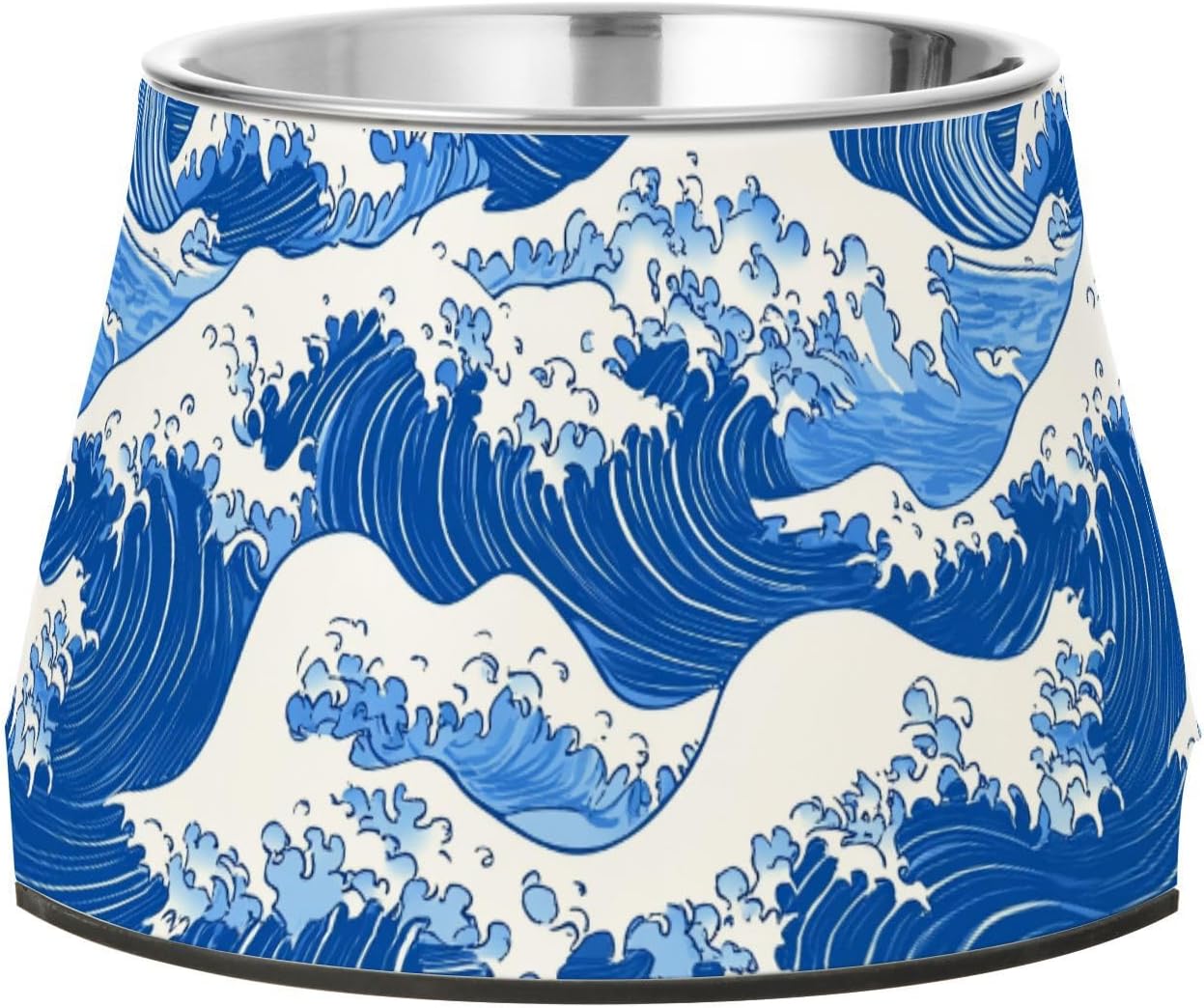 Japanese Woodblock-Style Wave Illustration Bowls for Dogs with Stand Stainless Steel Cat Feeding Bowls for Slow Feed Cats Slow Down Eating
