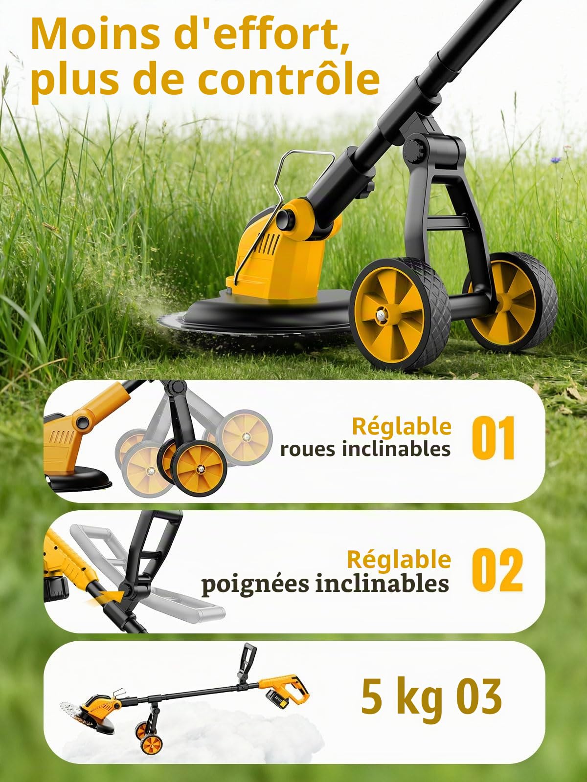 Débroussailleuses Electrique sans FI 21V,Coupe Bordures sans Fil avec 2 * 3.0Ah Batterie et Chargeur,Moteur Brushless 800W,30CM Débroussailleuse à Batterie avec Roue&4 Types Lames pour Jardin Élagage