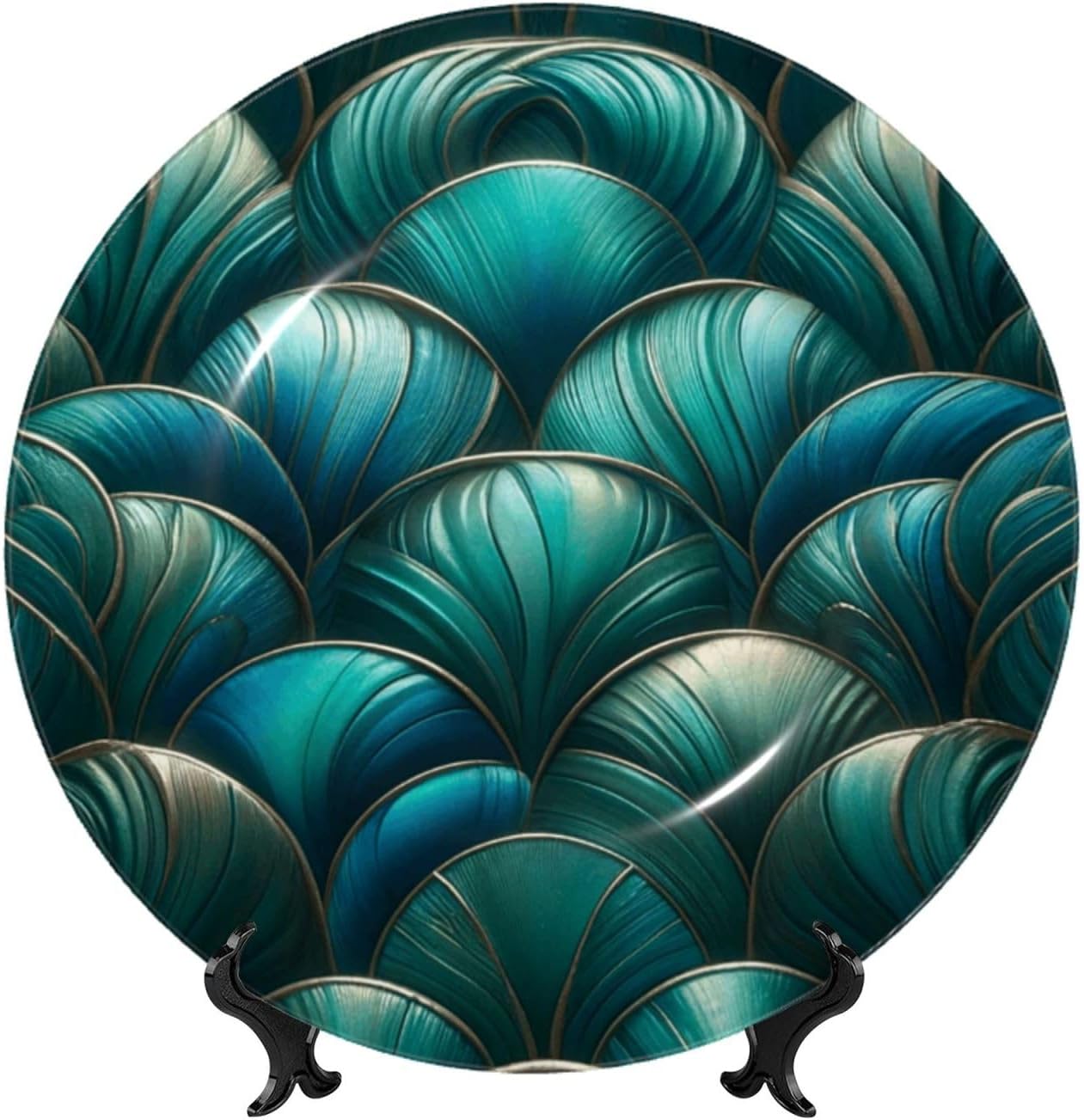 Teal-Mermaid-Scales-Green 10 Inch Decorative Plate With Stand, Elegant Display Wall Plate For Home Decor