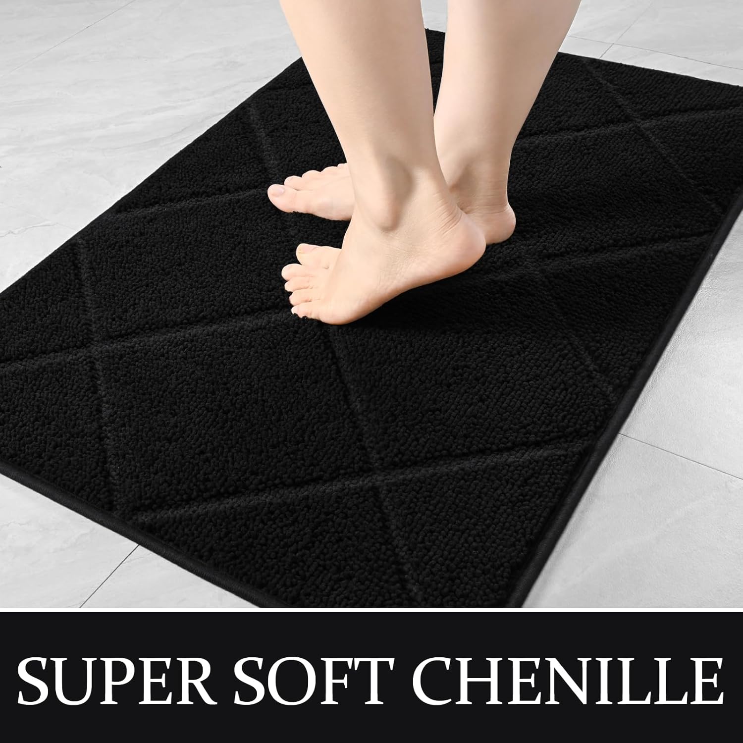 LOCHAS Black Indoor Door Mat 24x36 Inch, Rubber Backing, Washable Absorbent Chenille Doormat, Low-Profile, Non Slip Microfiber Entrance Mat, Quick Dry Resist Dirt Front Welcome Mats for Entryway Home