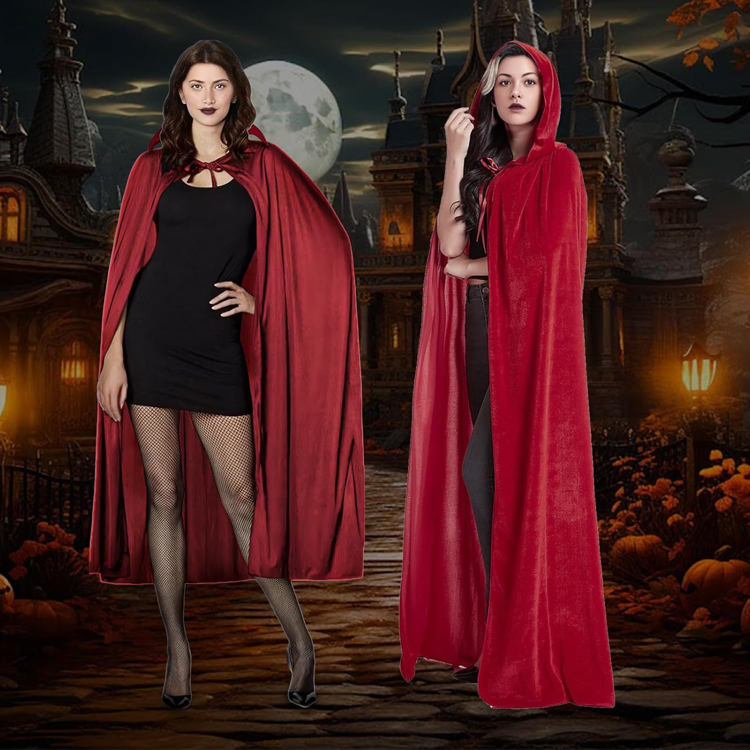 Classic Red Cape with Hood Full Length, Soft Cosplay Costume for Women, Halloween Red Cloak with Neckline Drawstring Design, One Size Fits Most - Ideal for Parties - Image 4
