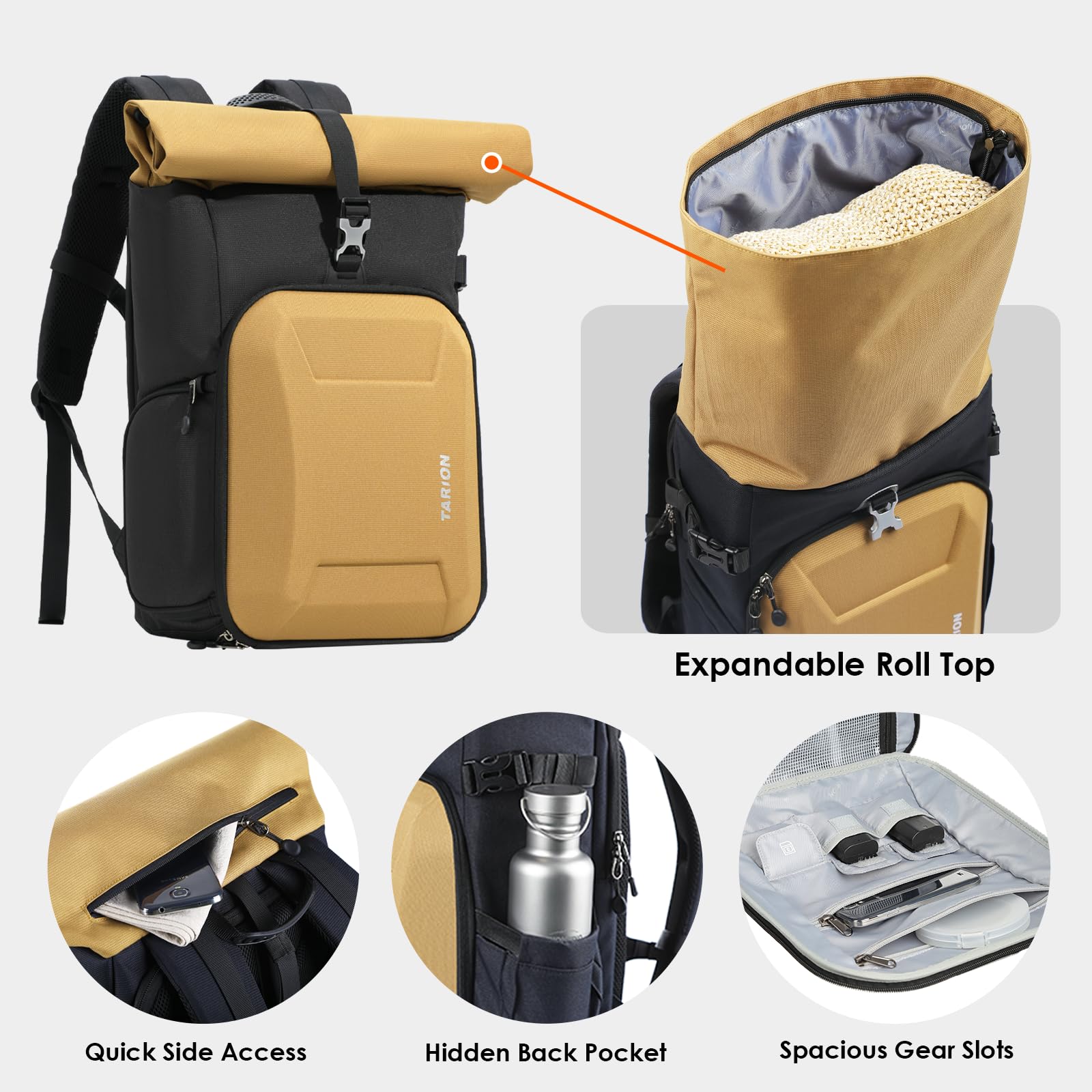 TARION Kamerarucksack Rolltop Fotorucksack mit Hartschale: Professionelle Kameratasche Spiegelreflex mit 16 Zoll Laptopfach für DSLR SLR Kameras Objektive Stativ(Gold)