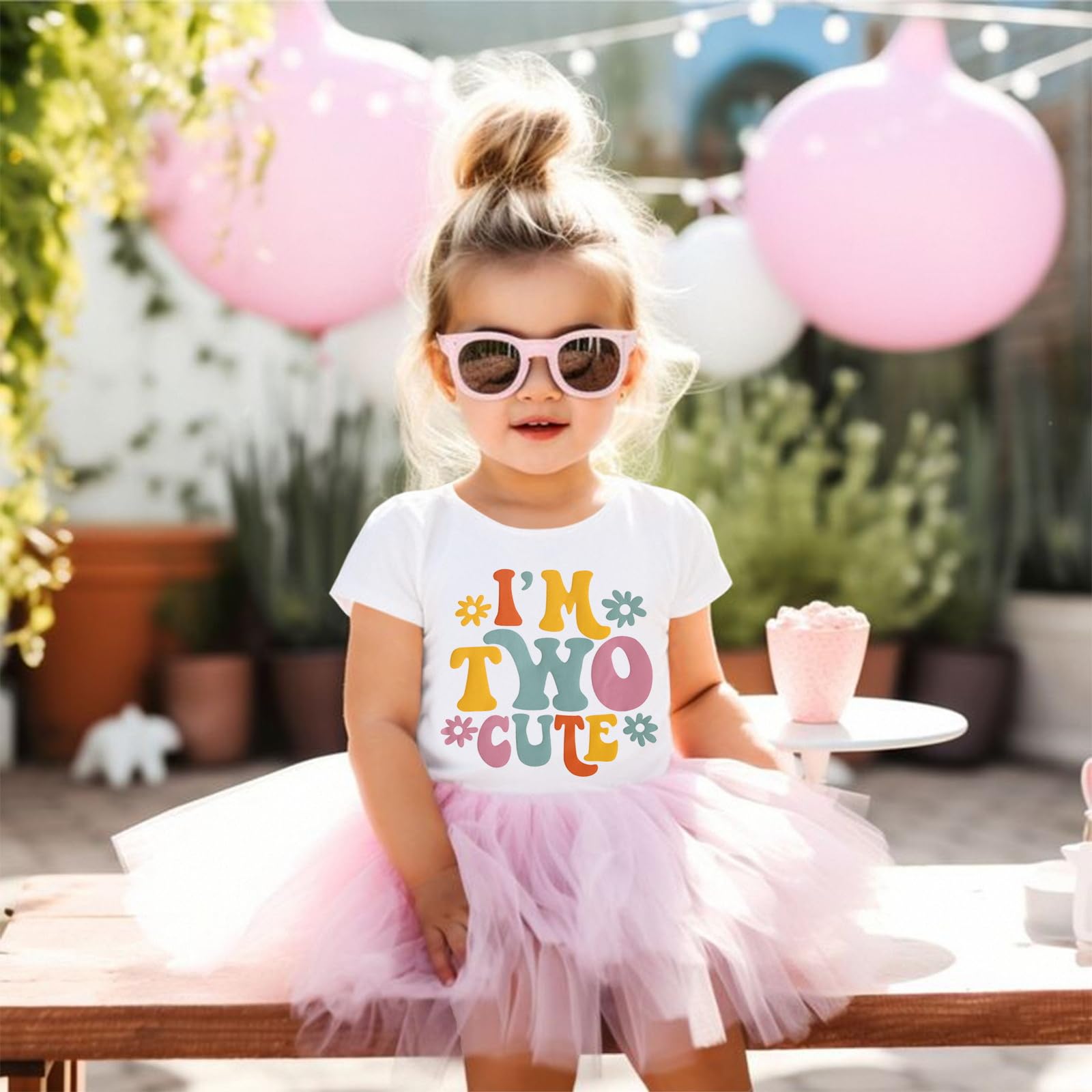 T-shirt 2ème anniversaire pour fille « I'm Two Cute » Imprimante Chemise Deuxième Anniversaire Chemises Fête d'anniversaire Vêtements Été Manches Courtes Haut Doux Col Rond T-shirt 2 Ans Enfants Outfi