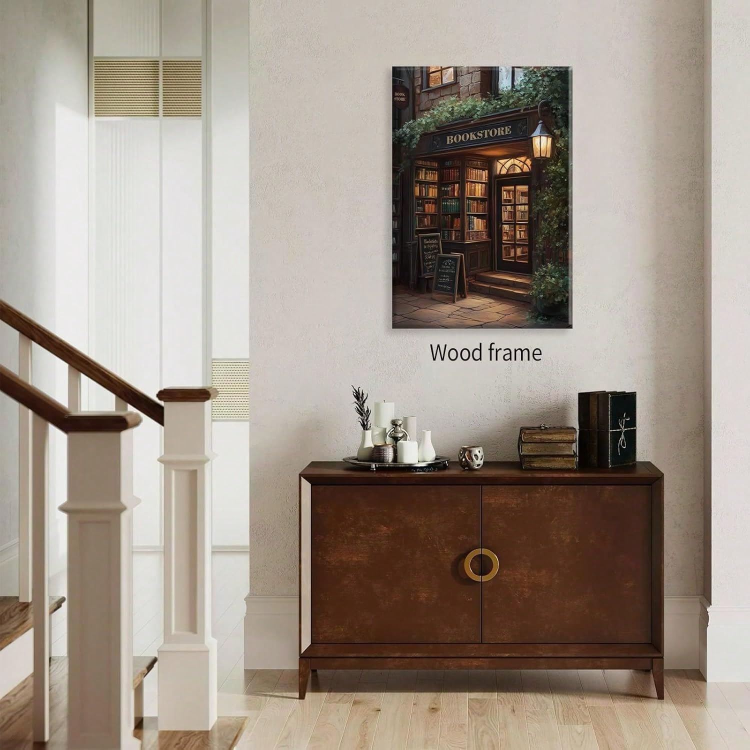 AIHNBF Gemütliche Buchhandlung Leinwand Wandkunst Vintage Bibliothek Bild Warme Beleuchtung Ästhetische Bibliotheksdekoration Romantische Straßenansicht Gemälde für Büro Wohnzimmer Wand 50x75cm