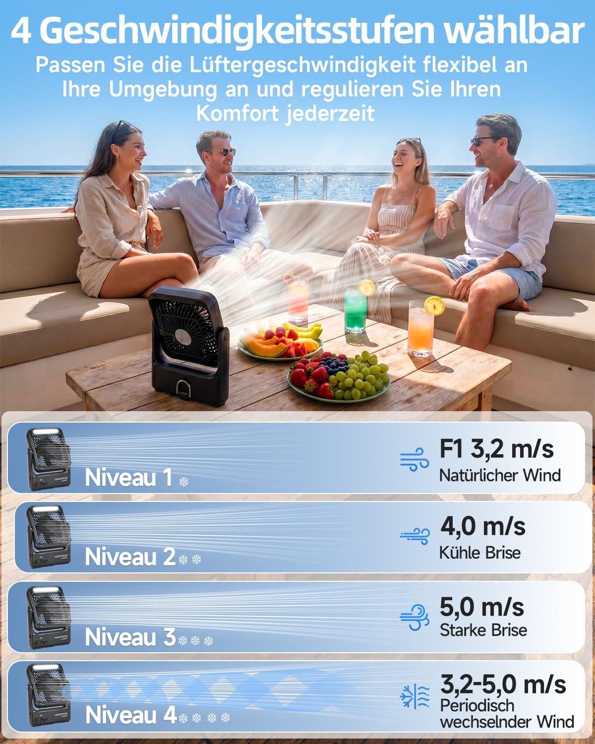 WOWDSGN Ventilator Akku 10000mAh mit Starkem 𝐌𝐚𝐠𝐧𝐞𝐭𝐟𝐮ß, Tischventilator USB mit LED-Nachtlicht & Haken, Powerbank-Funktion, 8-Stunden Timer, für Camping, Wohnmobil, Schlafzimmer, Reisen