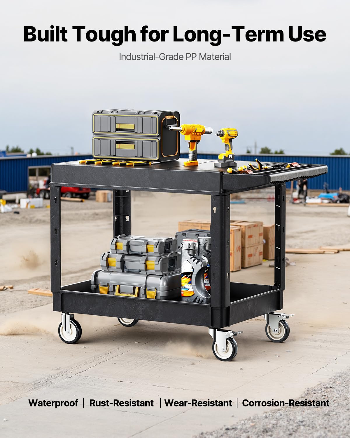 VEVOR Carrello Portaoggetti in Plastica Resistente a Due Ripiani con Ruote Girevoli a 360° Carrello di Servizio da 940 x 645 mm Capacità di Carico di 250 kg Adatto per Magazzino, Garage, Pulizia