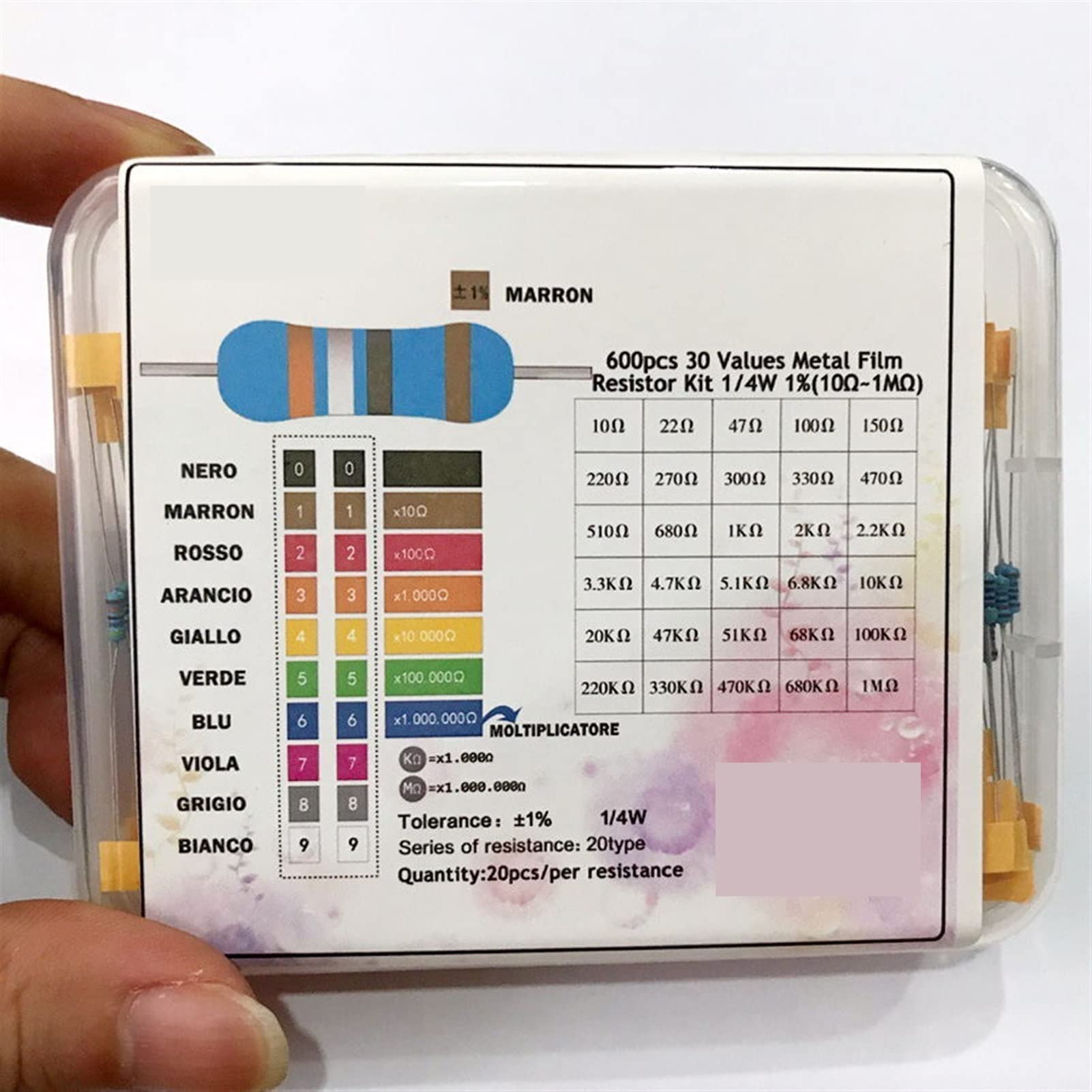 600 pz/Lotto 1/4 W 0.25 W Resistore Pacchetto Assortiti Scatola Fai da Te Resistori A Film Metallico Kit 30 Valori X20 pz Resistenza