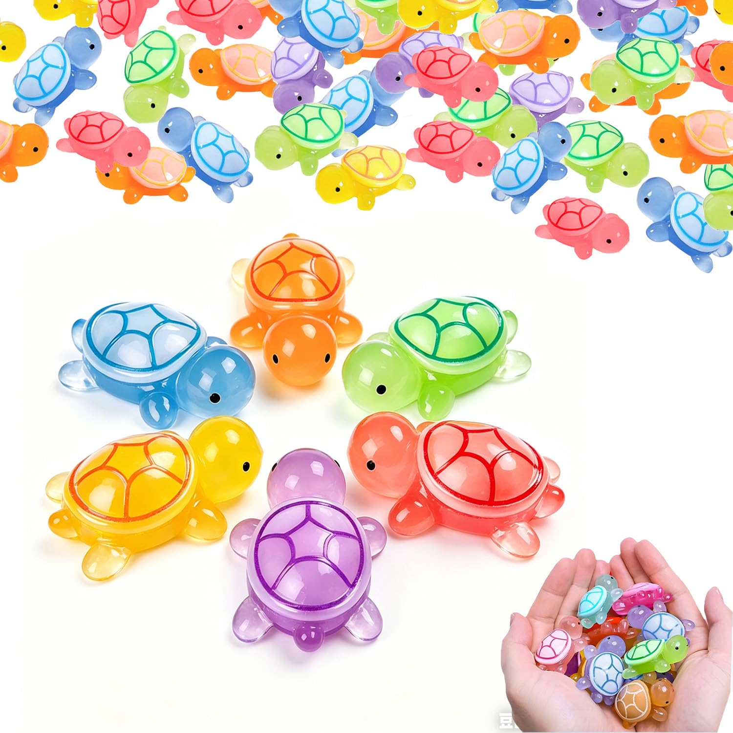 Tilonkj Yellow/Green/Blue/Pink/Light Purple/Orange 60 Pcs Mini Resin Turtles Luminous, Tiny Glow In The Dark Turtles, Small Resin Animals,Mini Figurines Marine Animals For Birthday Party Diy Aquarium Garden Miniature Landscape(3.2Cm, 6 Colors)