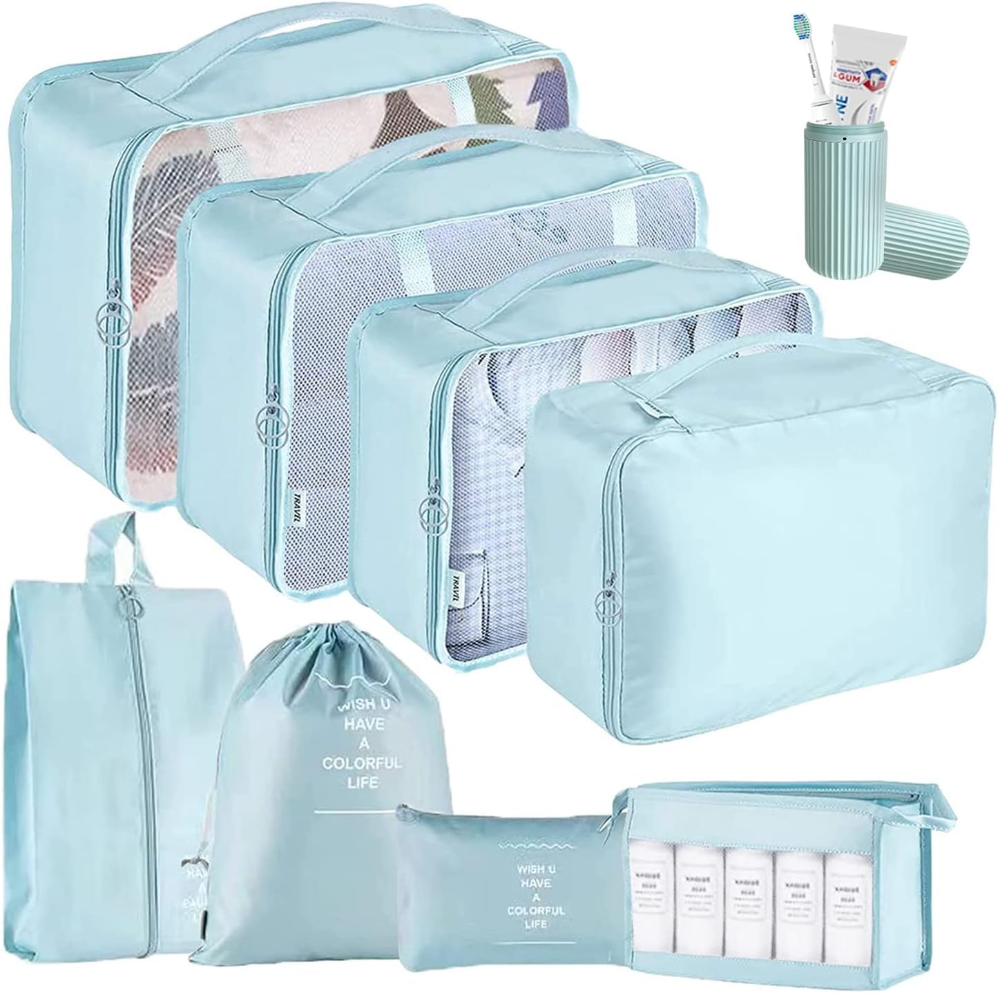 OCEANEVOPolypropylene 9 Pcs Packing Cubes, Travel Luggage Organizer For Men And Women, Toiletry Bag, Packing Cubes For Travel With Tooth Brush Holder- Set Of 9- Sky Blue