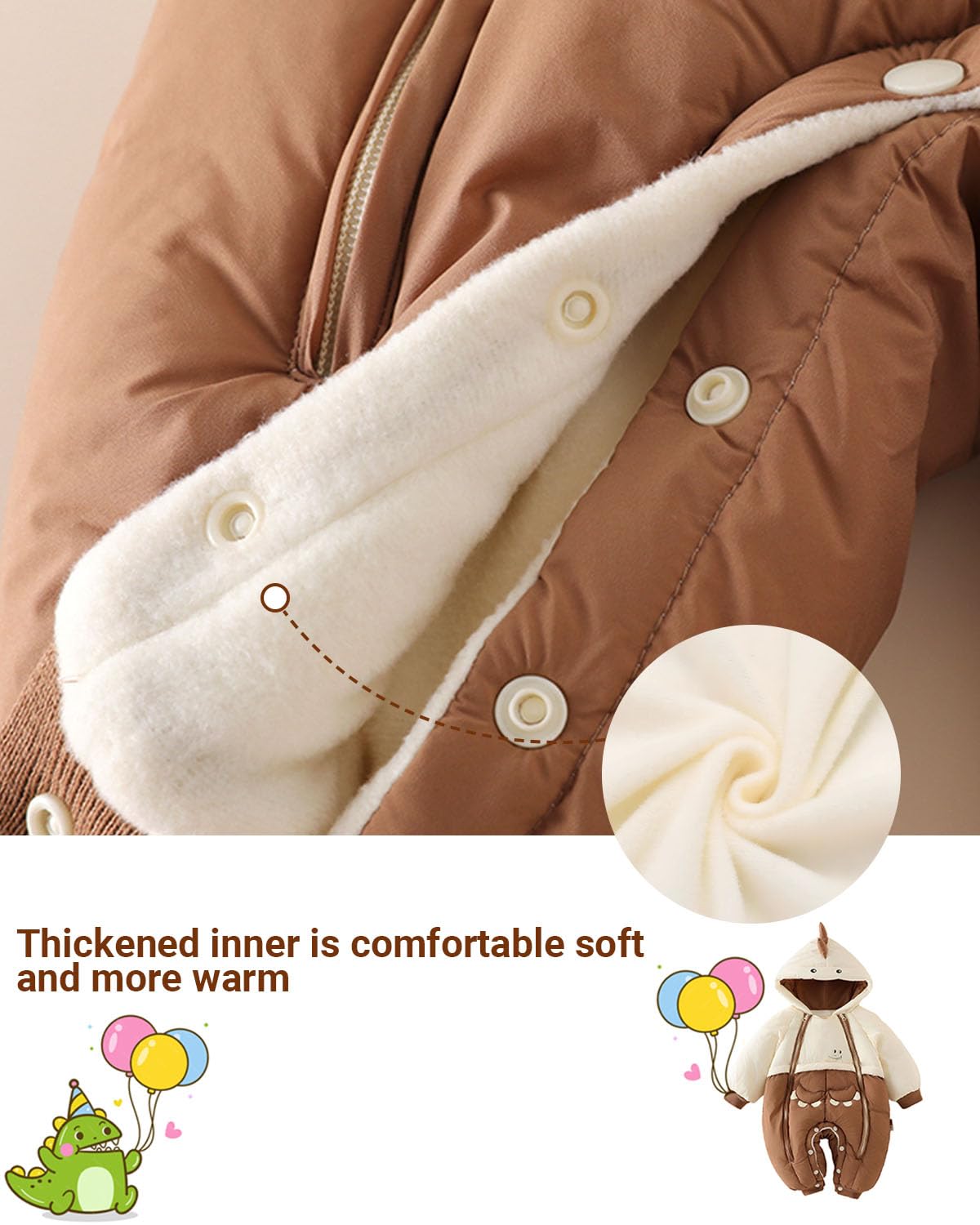 Acolchado Mono Bebe Invierno, Cute Dino Buzo Bebe Invierno Ropa Bebe Niño Biña, Double Zipper Mameluco Bebe Invierno, 3-24 Meses