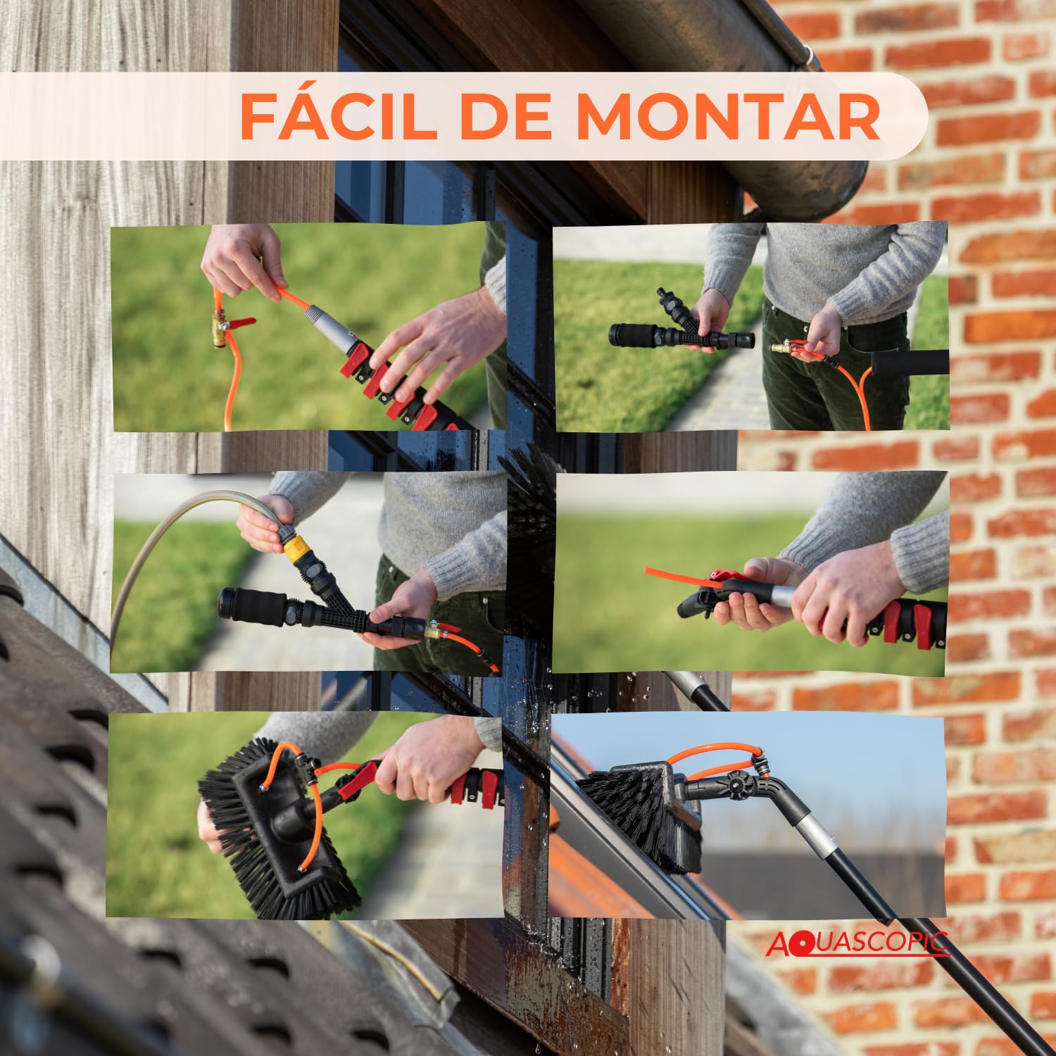 Aquascopic Barra telescópica con Cepillo Permeable al Agua de 5 Superficies y Manguera de Agua Interna, Limpiador de Longitud Ajustable para Ventanas y Paneles solares, hasta 8m