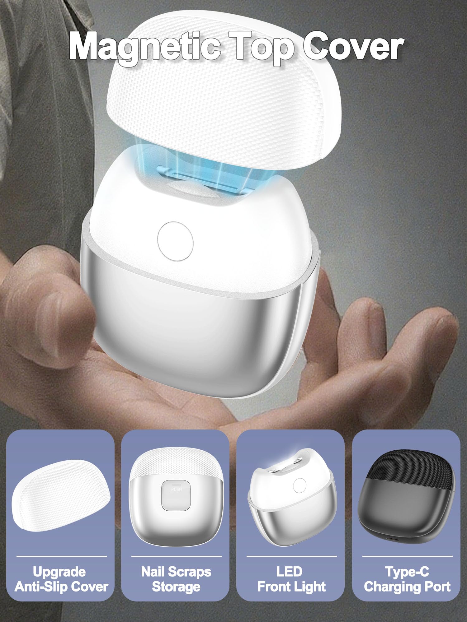 Zicolu Cortaúñas eléctrico automático con luz, 2 velocidades, cubierta magnética antideslizante, almacenamiento de restos de uñas, color plateado
