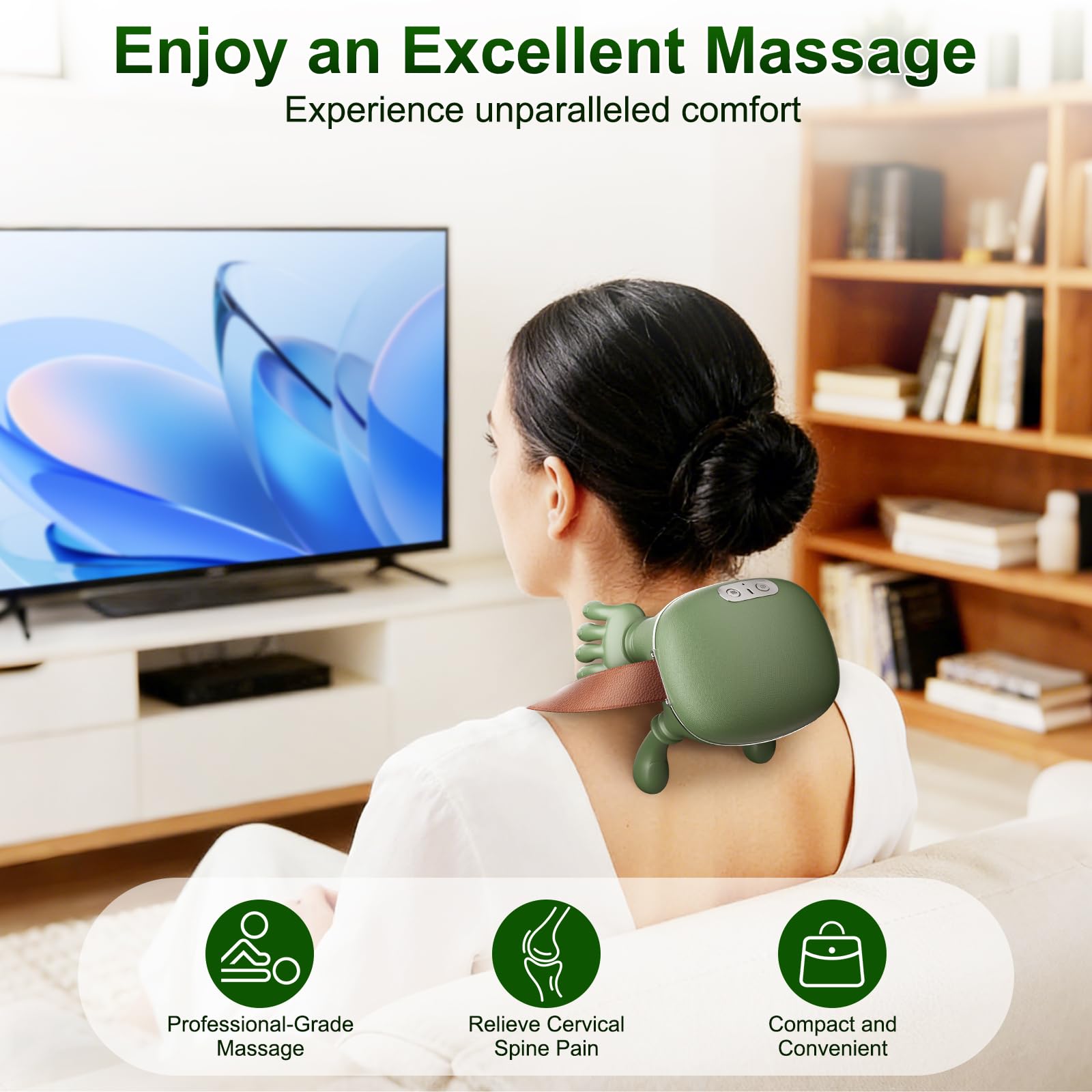 Nooydio Neck Massager, Neck and Back Massager with Heat & 4D Kneading, Shiatsu Deep Tissue Wireless Massager for Shoulder Cervical Pain Relief, Portable Rechargeable for Home Office (Green)