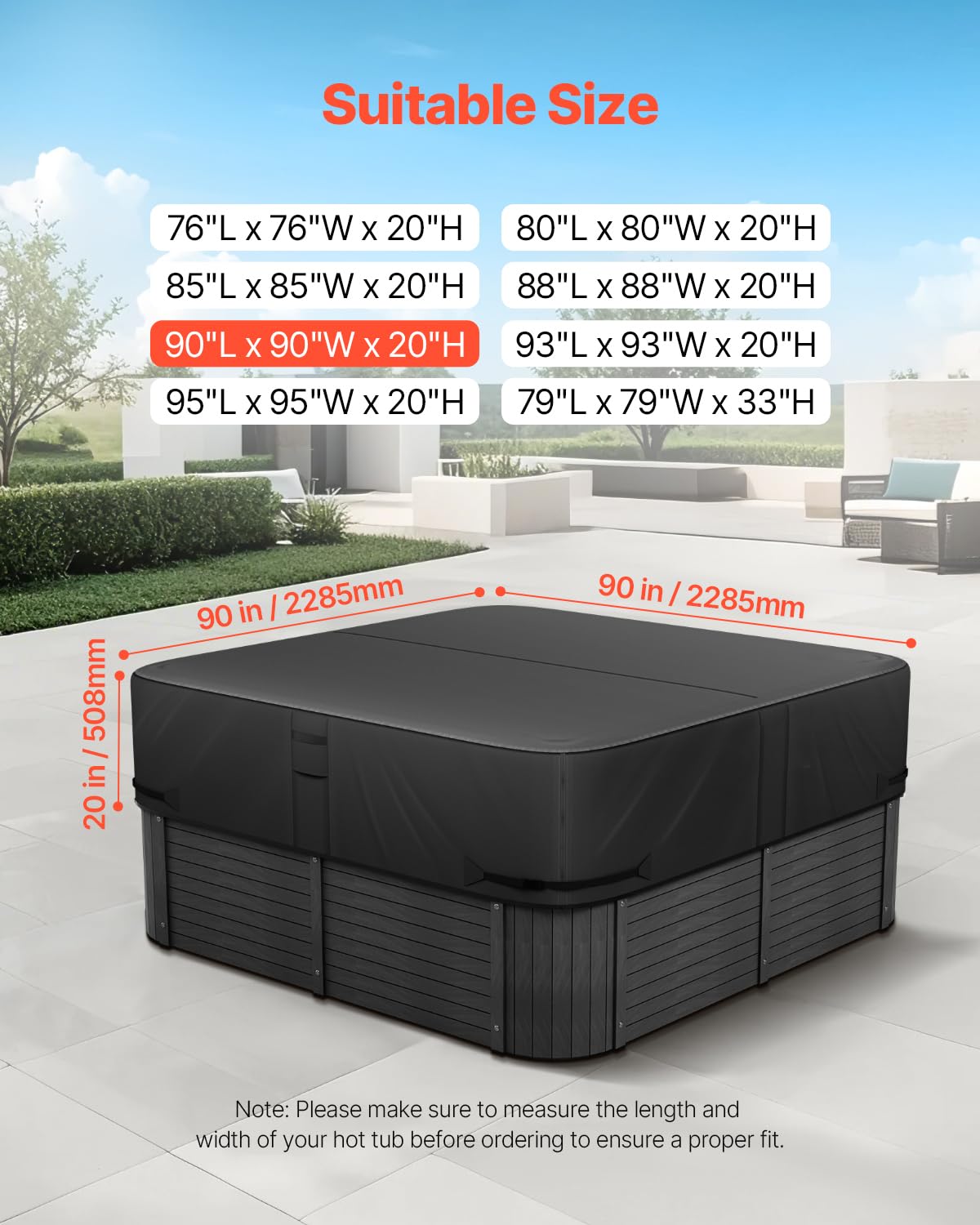 VEVOR Housse de Protection pour Spa extérieur, 2285 x 2285 x 508 mm, Couverture pour Spa, résistante aux intempéries et à l'eau, Tissu Oxford 600D Robuste et résistance à la déchirure 950N, Noir
