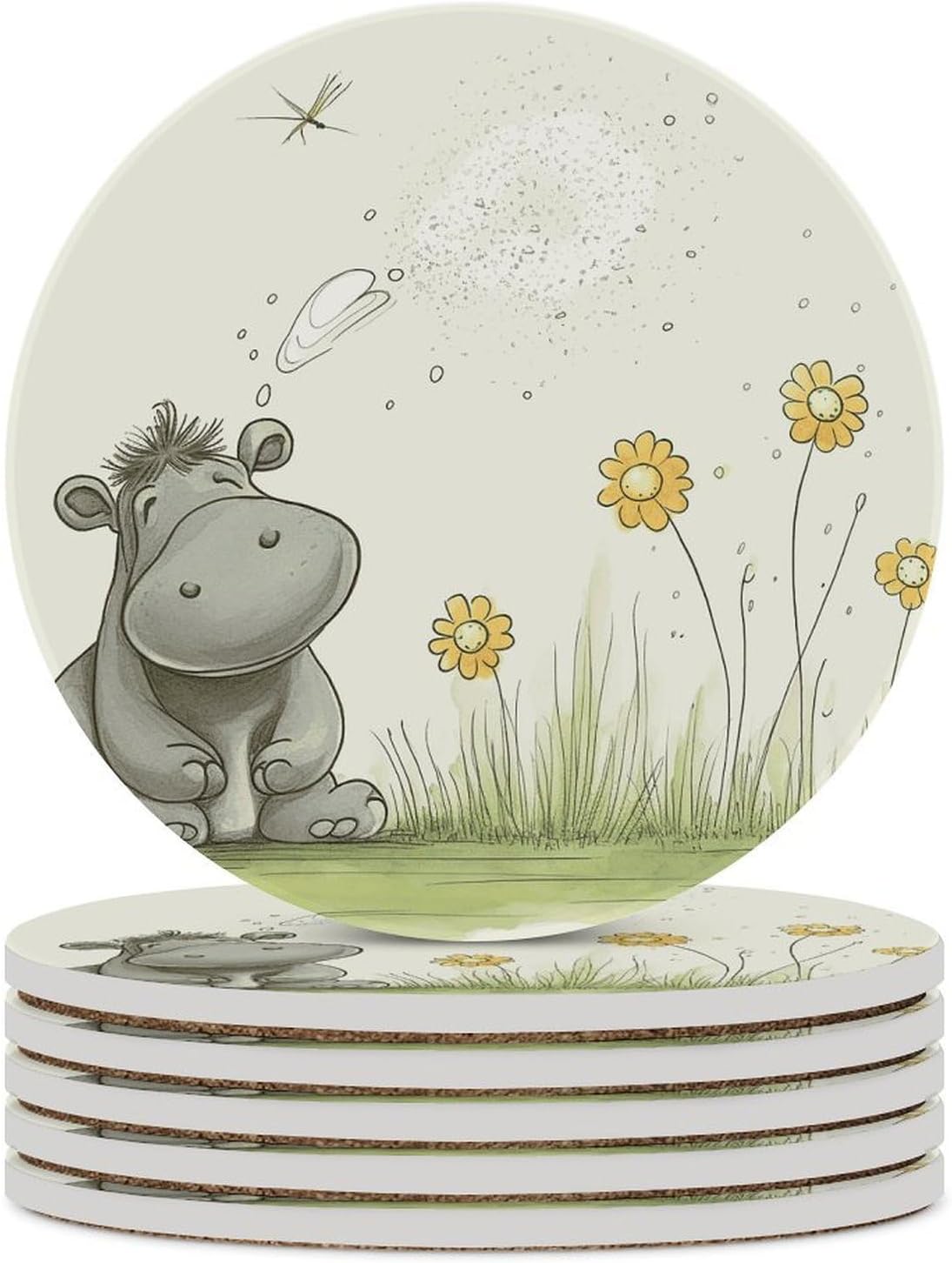 Hippo and Dandelion Coasters for Drinks Absorbing Round Ceramic Stone Coaster with Cork Base Coffee Cup Beverage Table Cup Mat Modern Style Bar Coaster Set for Home Decor