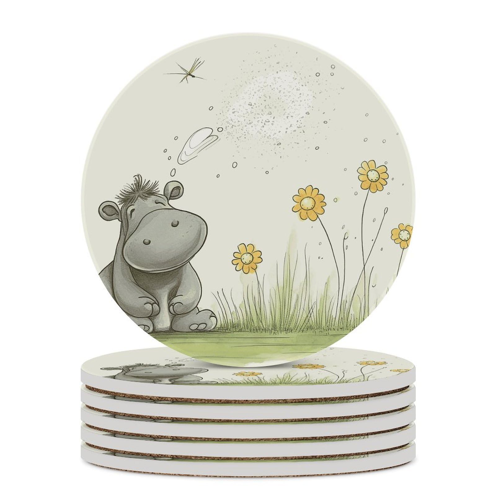Hippo and Dandelion Coasters for Drinks Absorbing Round Ceramic Stone Coaster with Cork Base Coffee Cup Beverage Table Cup Mat Modern Style Bar Coaster Set for Home Decor