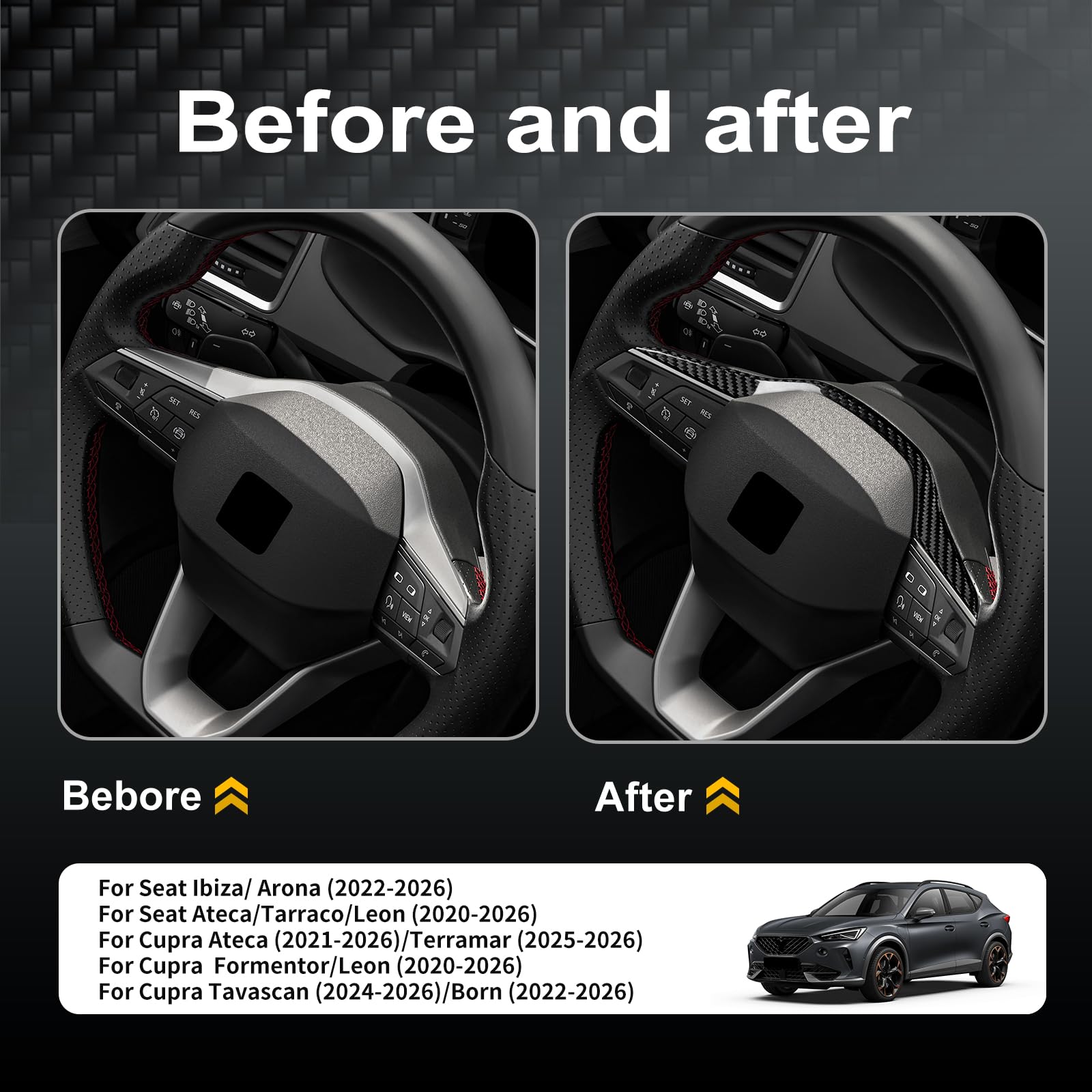 KUNGKIC para Seat Ateca/Tarraco/Seat Leon Cupra Formentor Cupra Leon 20-26, Ibiza/Arona/Cupra Born/Ateca/Terramar/Tavascan Dry Fibra de Carbono Coche Carenado Volante Moldura Accesorios (Negro)
