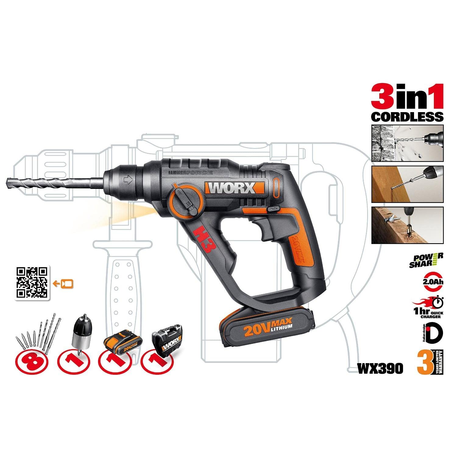 WORX WX390.1 H3 Martello Pneumatico, Trapano e Avvitatore 20V - 2 Batterie da 20V da 2,0Ah Li-Ion | Energia d’impatto 1,2 J e meccanismo pneumatico, per avvitare, forare e forare a percussione
