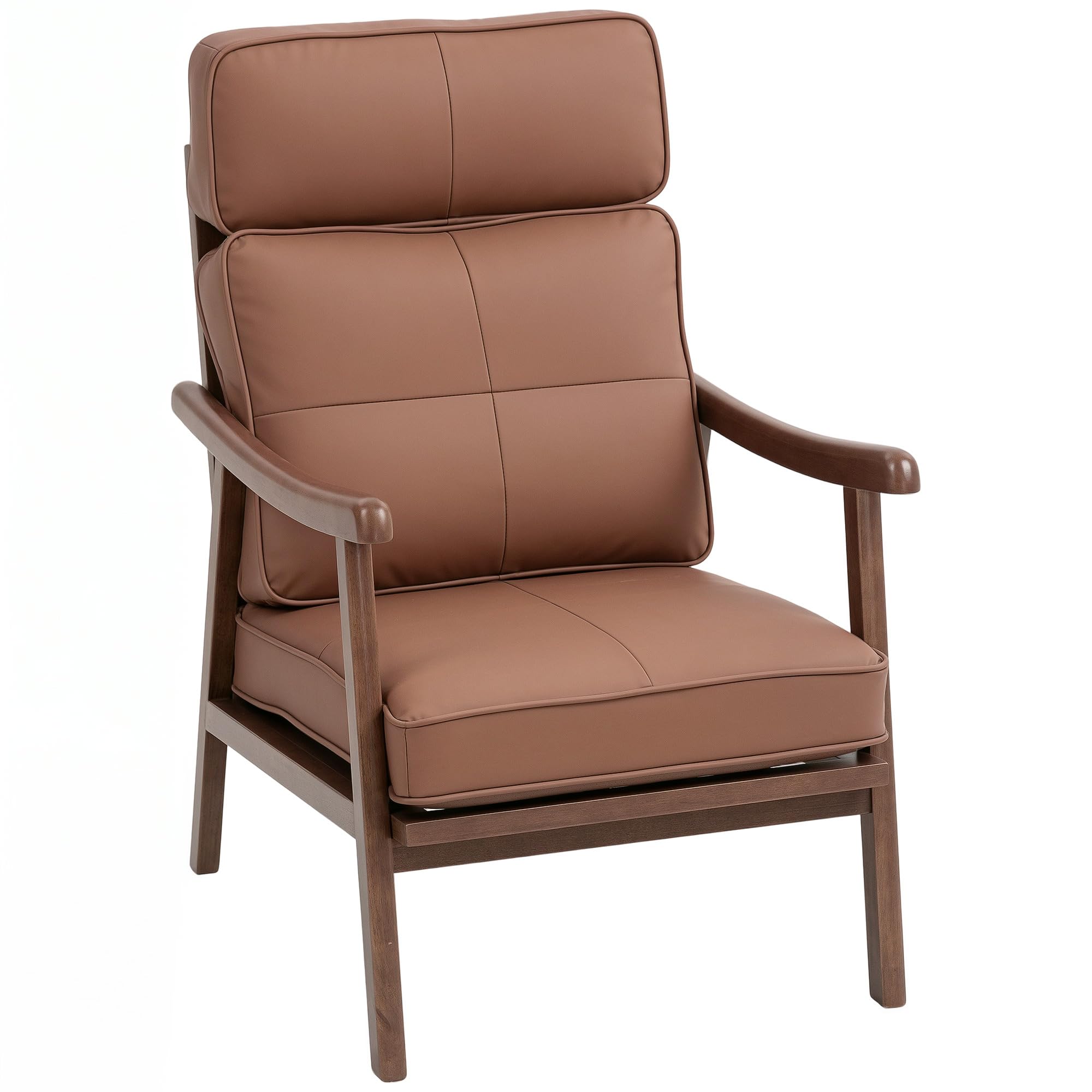 HOMCOM Fauteuil de salon Fauteuil de salon en PU avec structure en bois Coussins épais et rembourrés Dossier haut Charge 150 kg Fauteuil de lecture pour salon Chambre à coucher Marron et bois de noyer