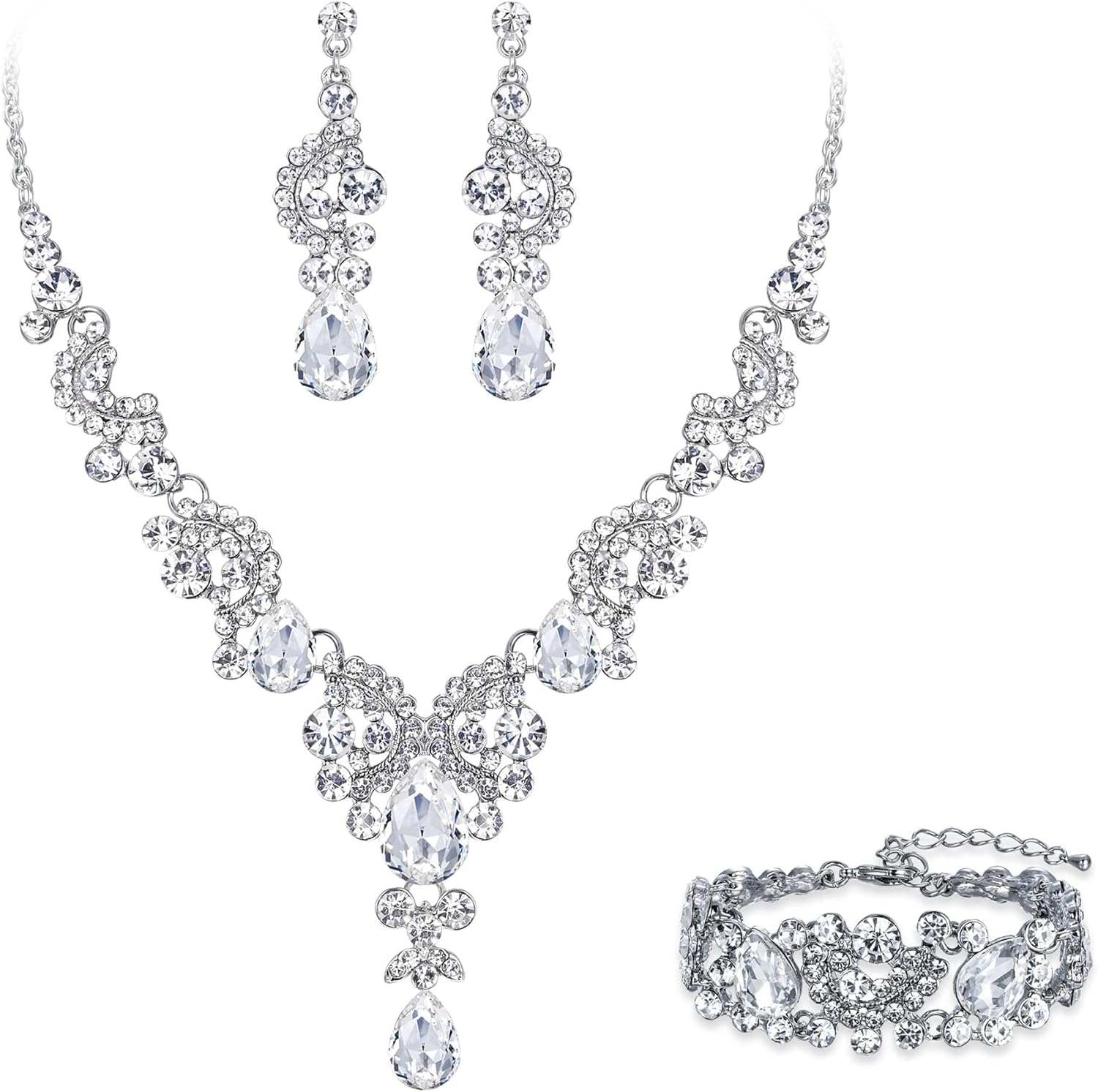 EVER FAITH Rhinestone Crystal Bridal Art Deco Floral Wave Teardrop Necklace Earrings Bracelet Jewelry Set