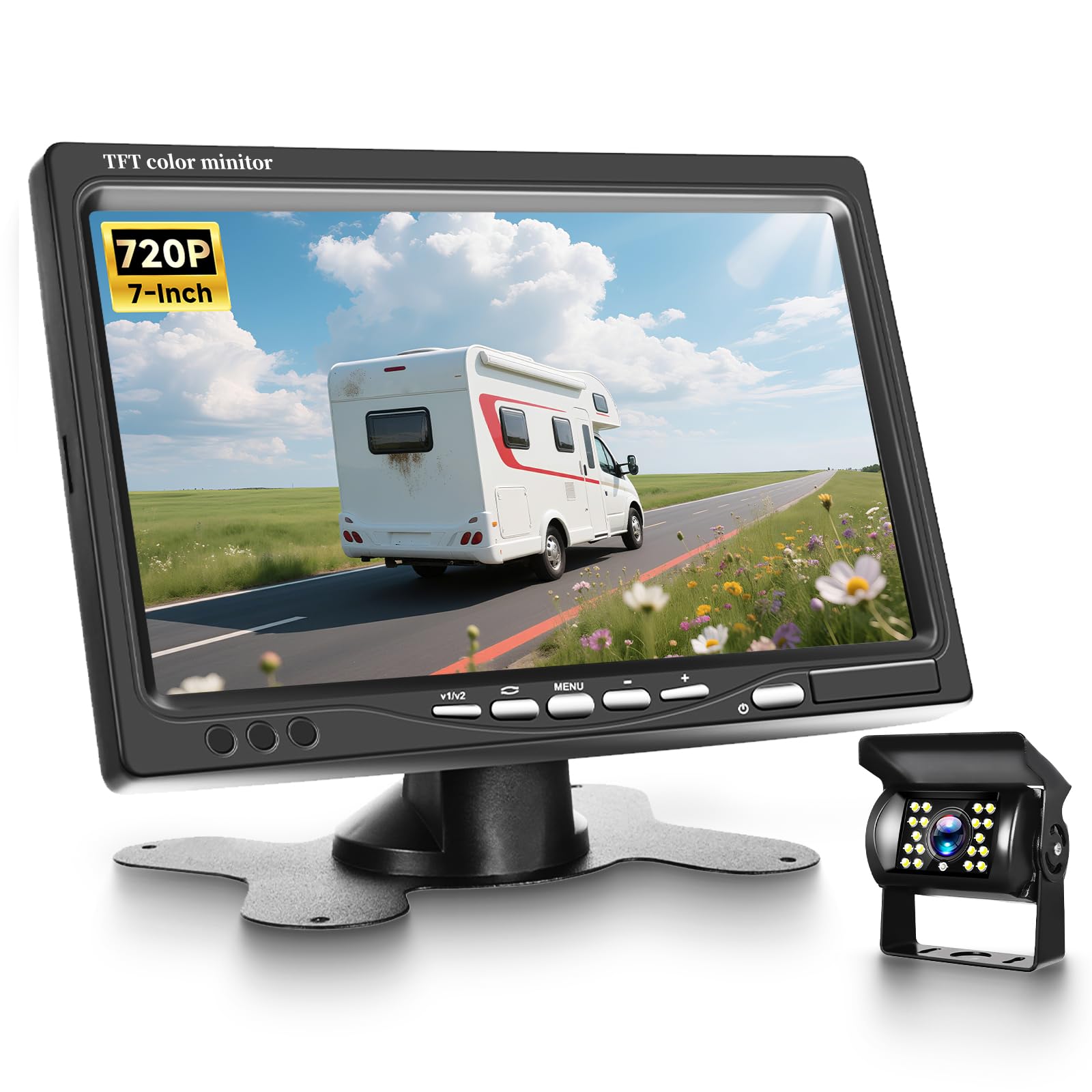 VECHTEL Caméra de recul avec de HD Moniteur 7'',Kit de caméra de recul Filaire Con IP69 Electronique Vision Nocturne de Voiture pour SUV Van RV Car Installa