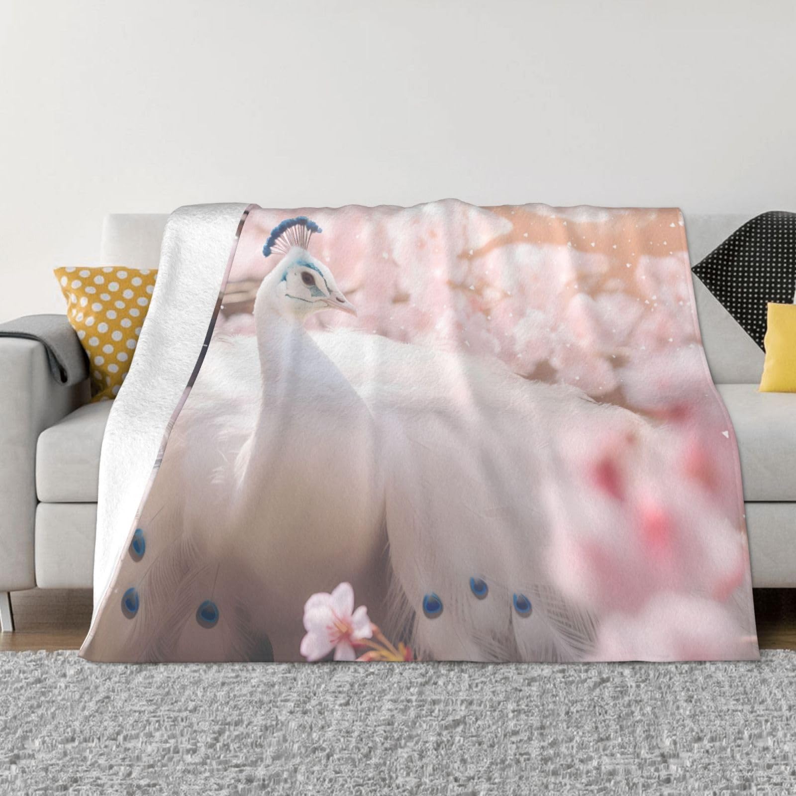 Couverture polaire douce en flanelle de luxe motif paon blanc, élégance pour literie