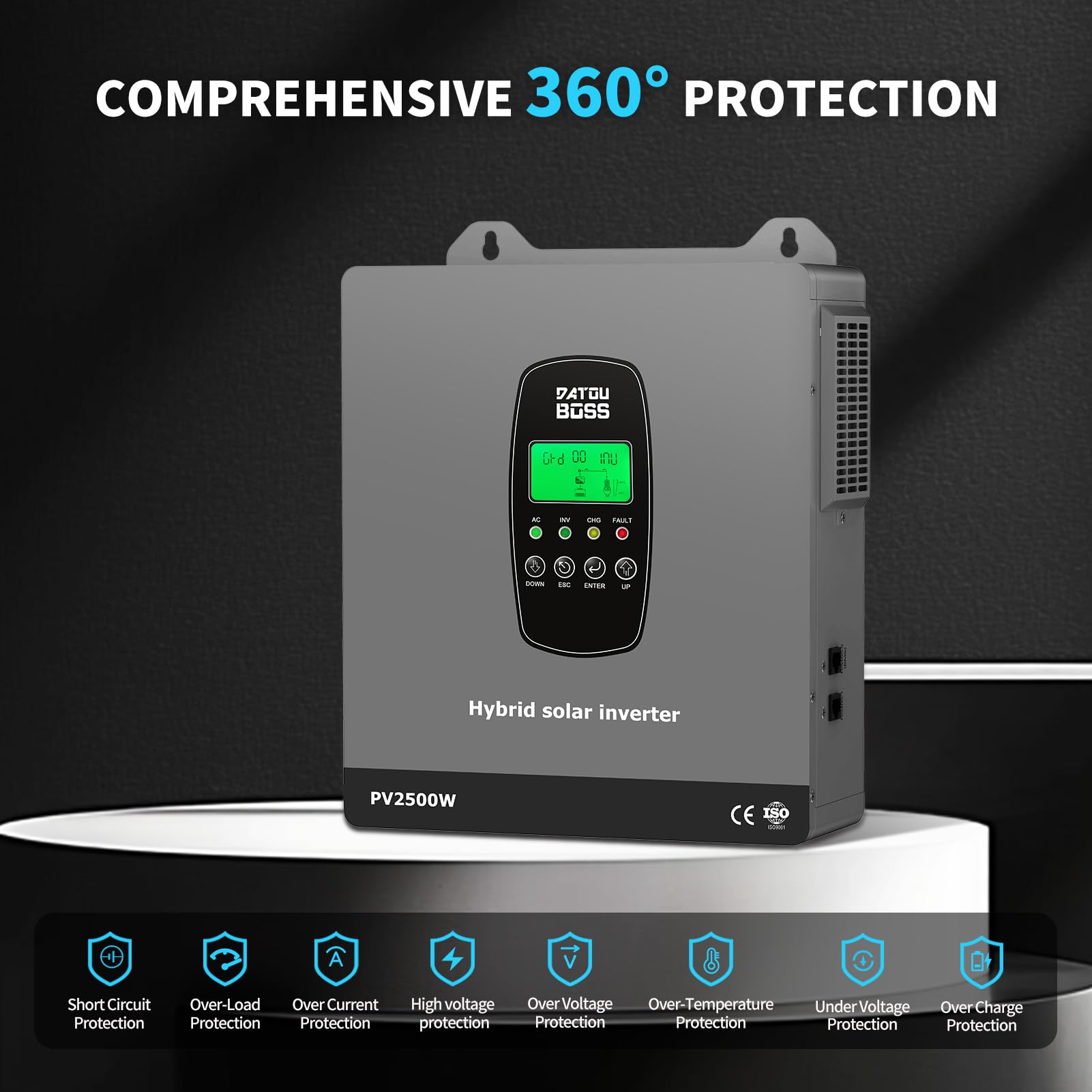 DATOUBOSS 1800W Inverter Ibrido Solare 12V, Onda Pura, potenza di ingresso fotovoltaica da 2500W,Supporta il Funzionamento Senza Batteria,100A MPPT,per Sistemi Off/On-Grid