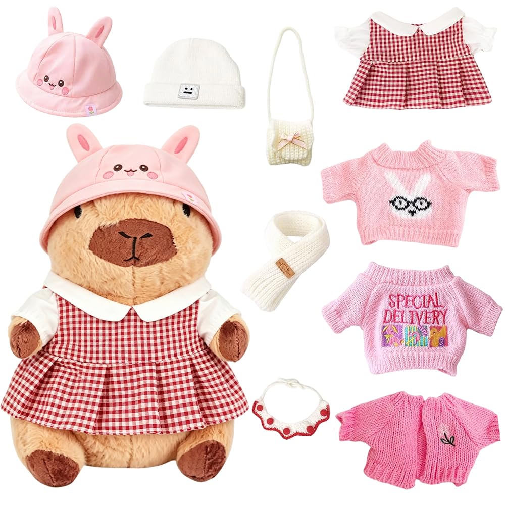 NKFBEV Capybara Plush with 10 PCS Clothes & Accessories, 25cm Capybara Stuffed Animal, CapybaraPlush Soft Toy, Cute Capybaras Teddy,Dress Up CapybaraStuffed Animal Plush Toys Gift for Kids Boy Girl(A)