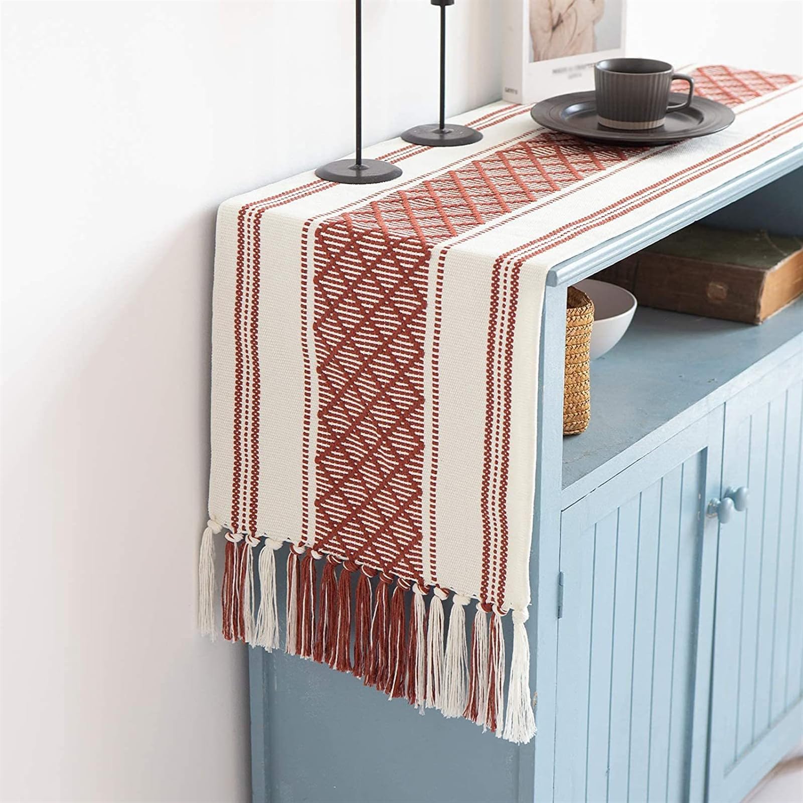Camino de Mesa de Algodón Estilo Bohemio Camino de Mesa Lavable con Borlas para Boda Fiesta Hogar Cocina Mesa de Comedor Decoración Rojo, 30 x 220 cm